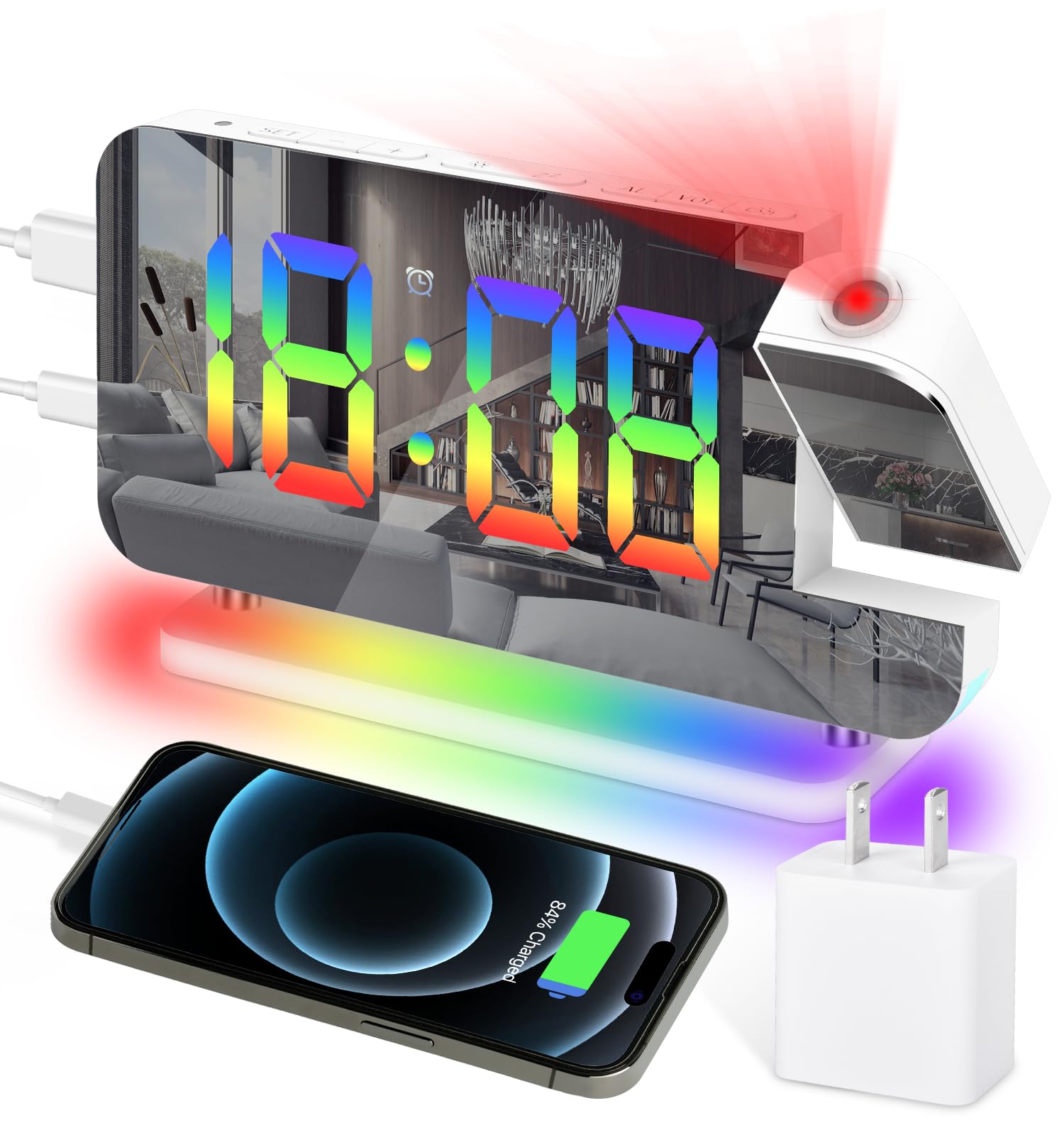 Digital Projection Alarm Clock with 180° Rotatable Projector & RGB Night Light - Auto Dimmer, Snooze, 12/24H Format, Dual USB Charger Ports - Perfect LED Desk Clock for Bedroom, Home Office & Nightstand
