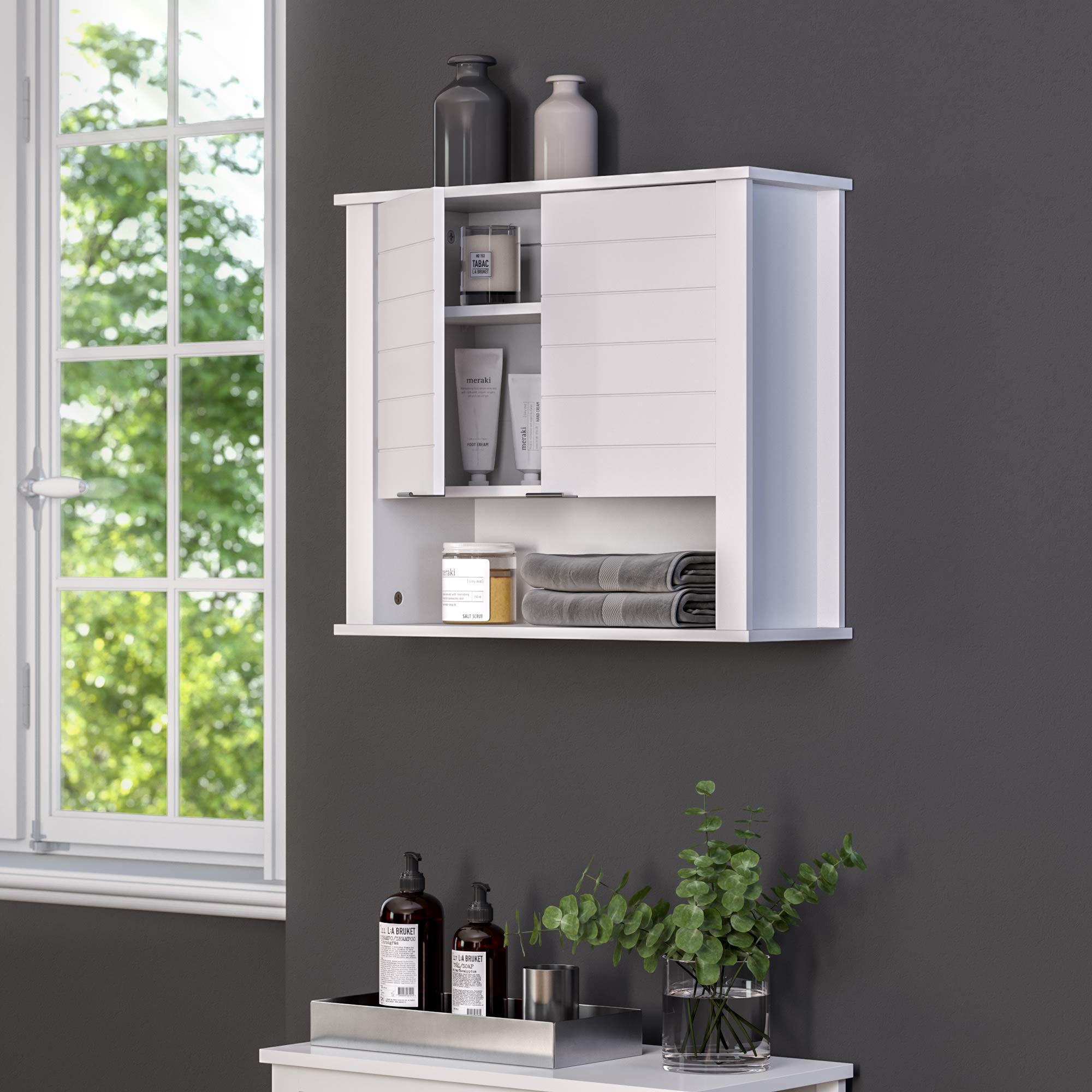 RiverRidge Madison White Wall Mounted Over The Toilet Storage Cabinet - 2 Door Medicine Cabinet with Adjustable Shelves, Modern Flat Handles & Horizontal Groove Design | Perfect for Bathroom Organization, Small Space Storage & Stylish Home Decor