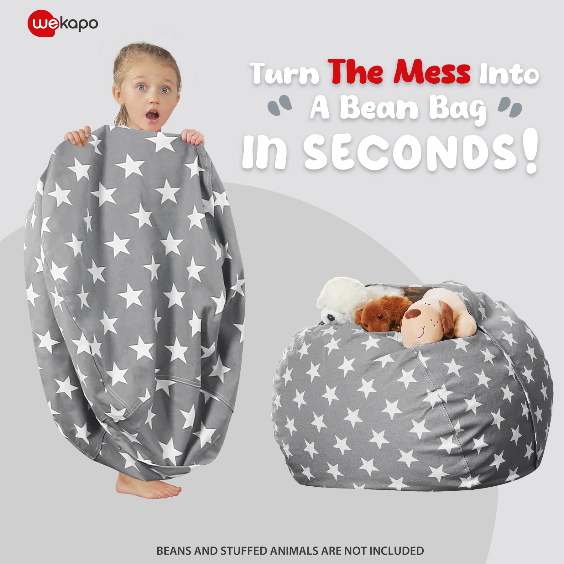 Premium Wekapo Stuffed Animal Storage Bean Bag Chair Cover for Kids – Large Cotton Canvas Organizer with Zipper | Grey Star Design | Perfect for Playrooms, Bedrooms & Toy Organization (X-Large)