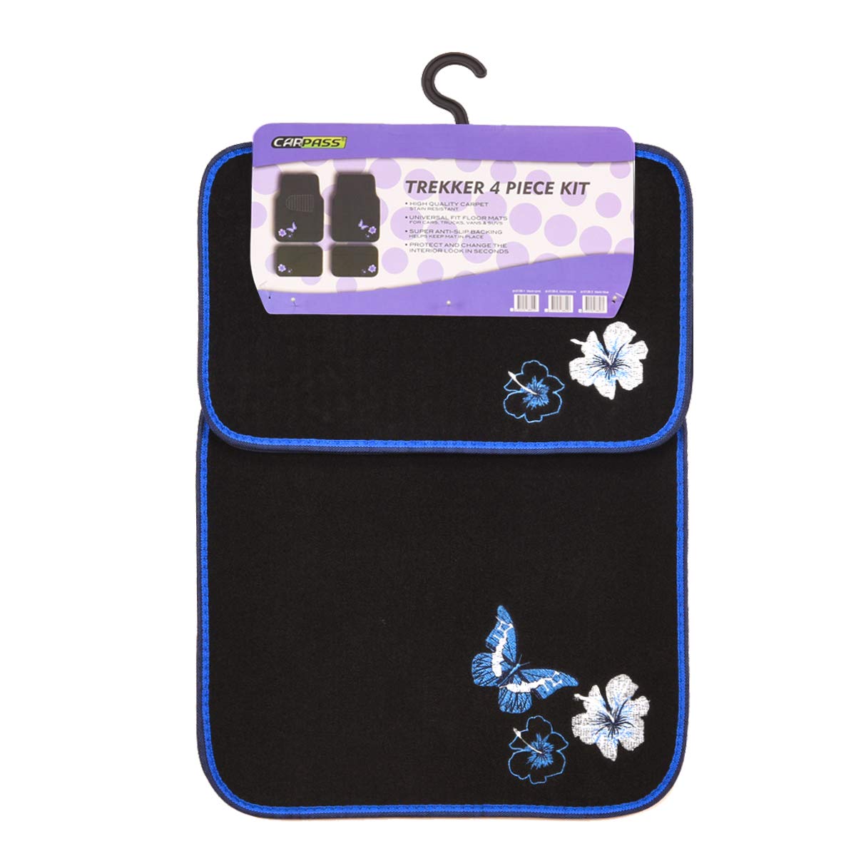 Butterfly and Flower Embroidered Car Floor Mats - Universal Fit for 95% of Cars, SUVs, Sedans & Vans - Blue & Black Set of 4 - Women's Girly Style - Perfect for Daily Commute, Road Trips & Car Interior Decoration