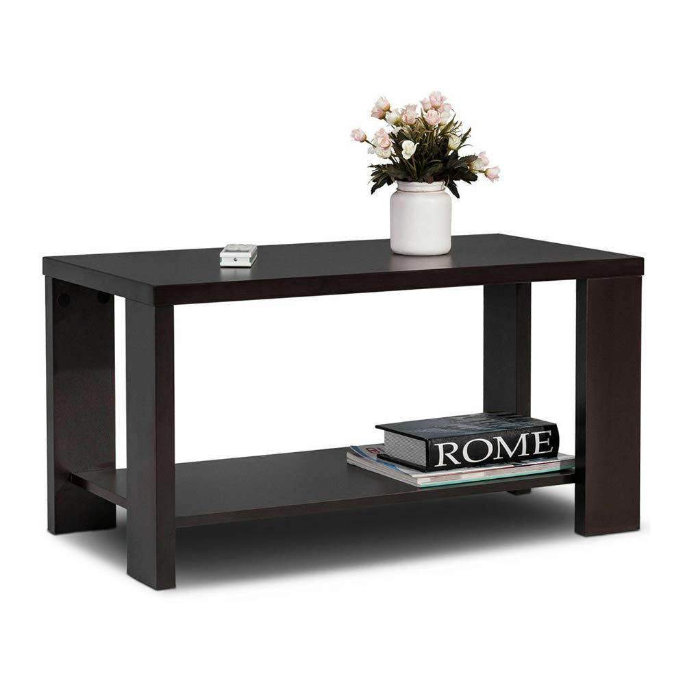 Dark Brown Coffee Wood Rectangular Cocktail Table with Storage Shelf - 31.5