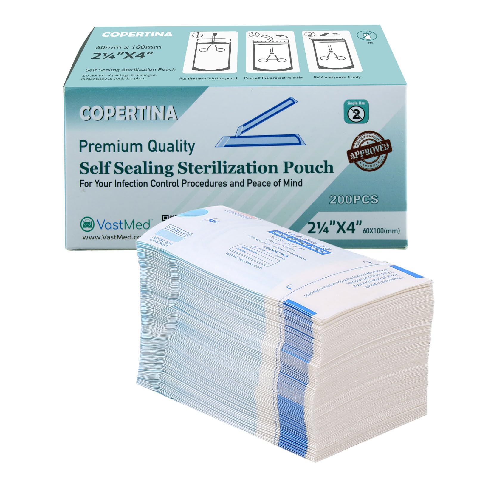 VASTMED 1000 Pack Self Seal Sterilization Pouches 2.25