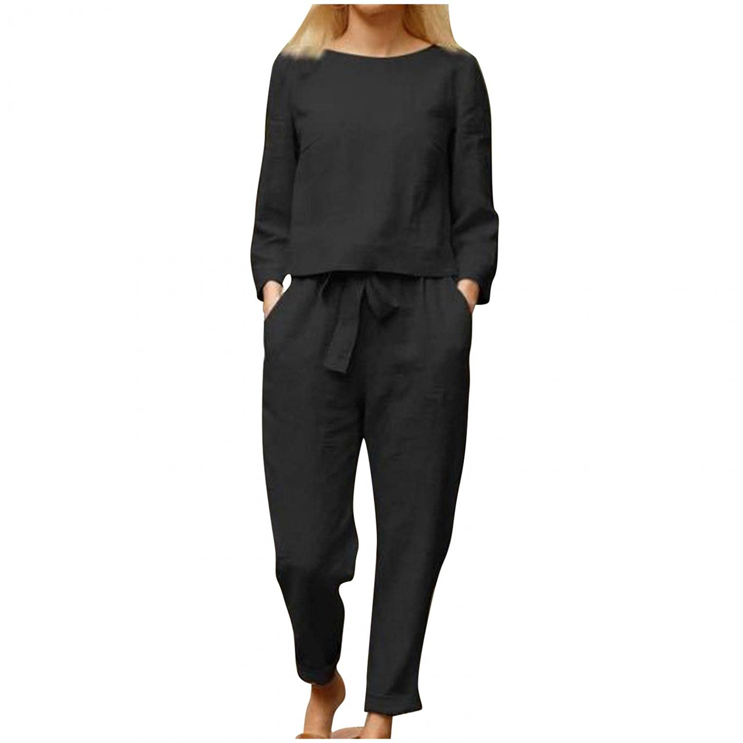 Women's Cotton Linen Suit Set - Comfortable Lace-Up Pants & Solid Color Top - XXL Black - Casual Summer Outfit for Beach, Travel & Daily Wear