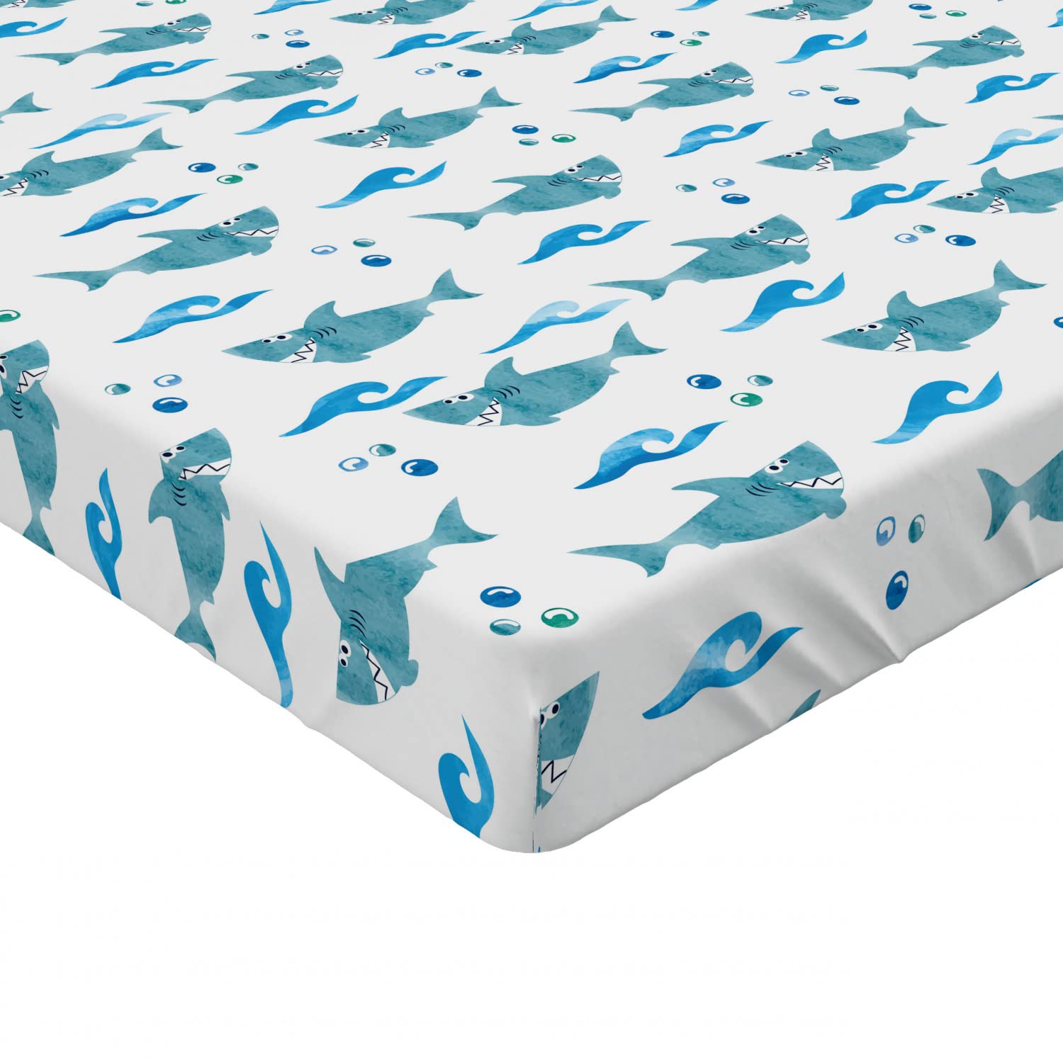 Ambesonne Shark Fitted Sheet - Queen Size Watercolor Ocean Animal Print with Silly Expressions, Bubbles & Waves - Deep Pocket All-Around Elastic Bed Cover in Pale Blue & White | Perfect for Kids' Rooms, Beach Themed Bedrooms & Shark Lovers