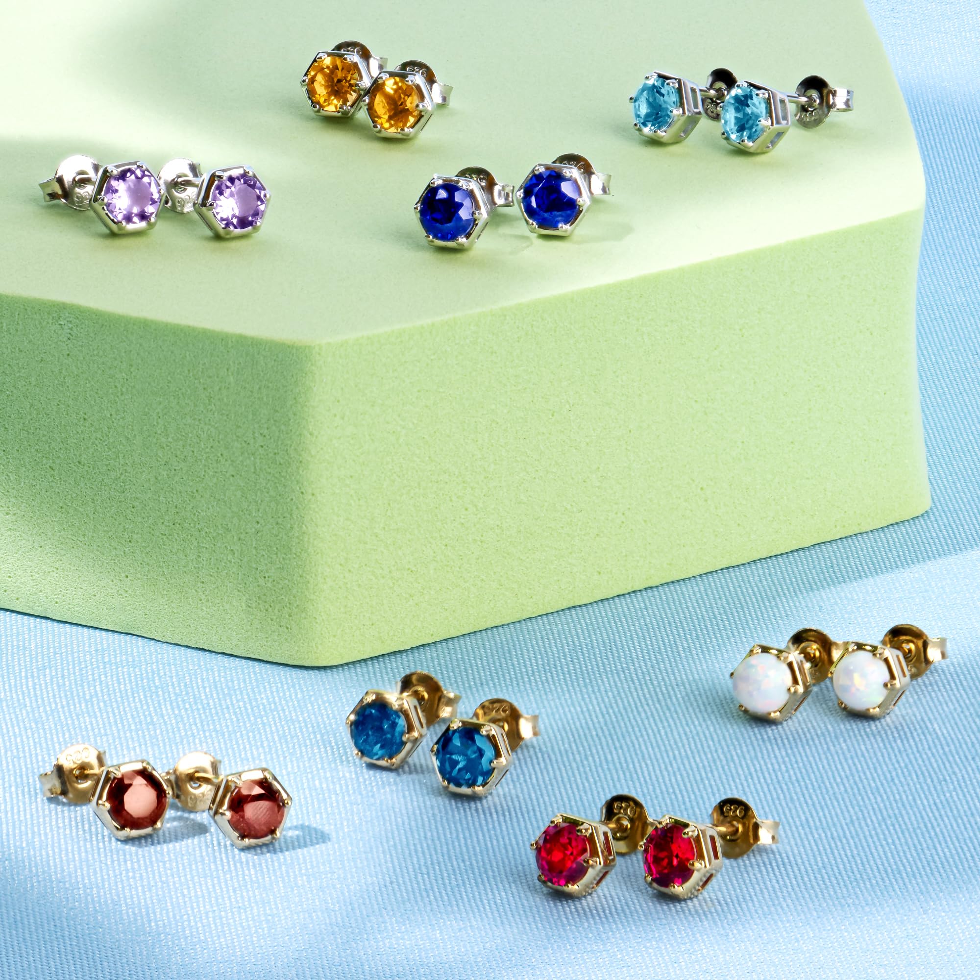 925 Sterling Silver Stud Earrings for Women - Round White Opal & Fire Opal Gemstone Earrings (5mm) | October Birthstone Jewelry | Hypoallergenic Hexagon Stud Earring Set | Perfect for Gifts, Daily Wear & Special Occasions