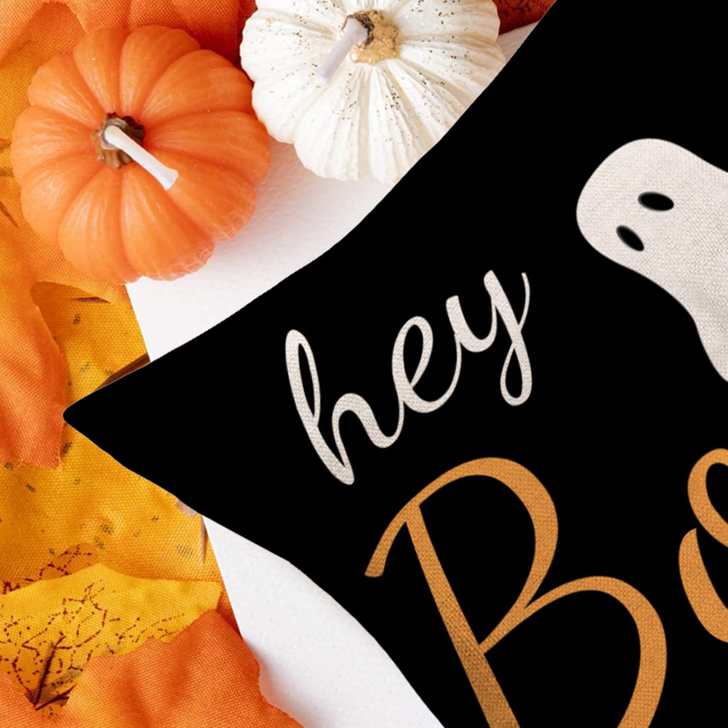 Spooky Halloween Ghost Throw Pillow Covers 18x18 Inch - Orange Black White Cotton Linen Cushion Covers for Scary Home Decor, Perfect for Living Room Sofa, Bedroom & Halloween Party Decorations