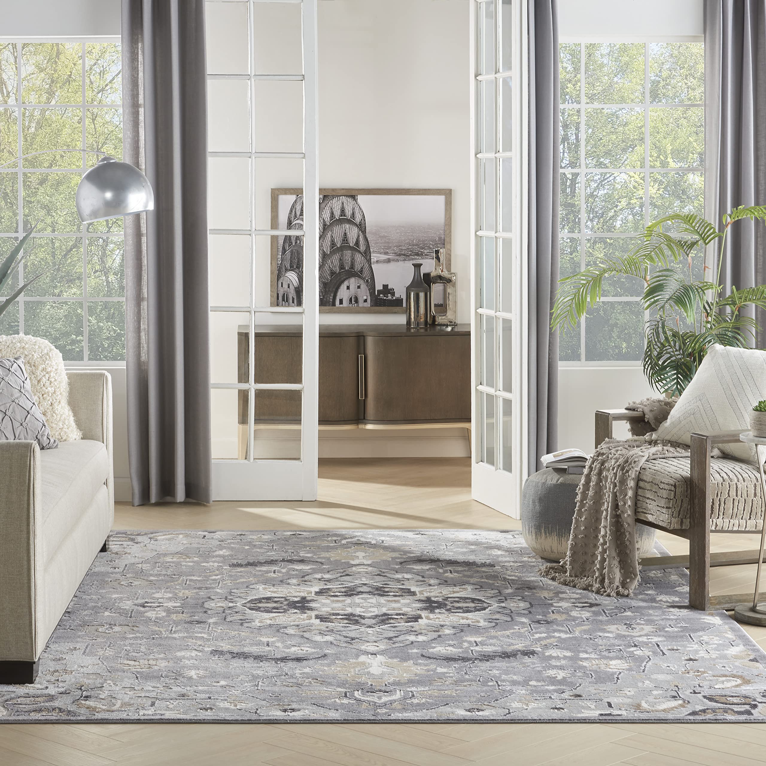 Nourison Elation Floral Grey 9' x 12' Area Rug - Easy Clean, Non-Shedding, Stain Resistant - Perfect for Bedroom, Living Room, Dining Room & Kitchen Decor (9x12)