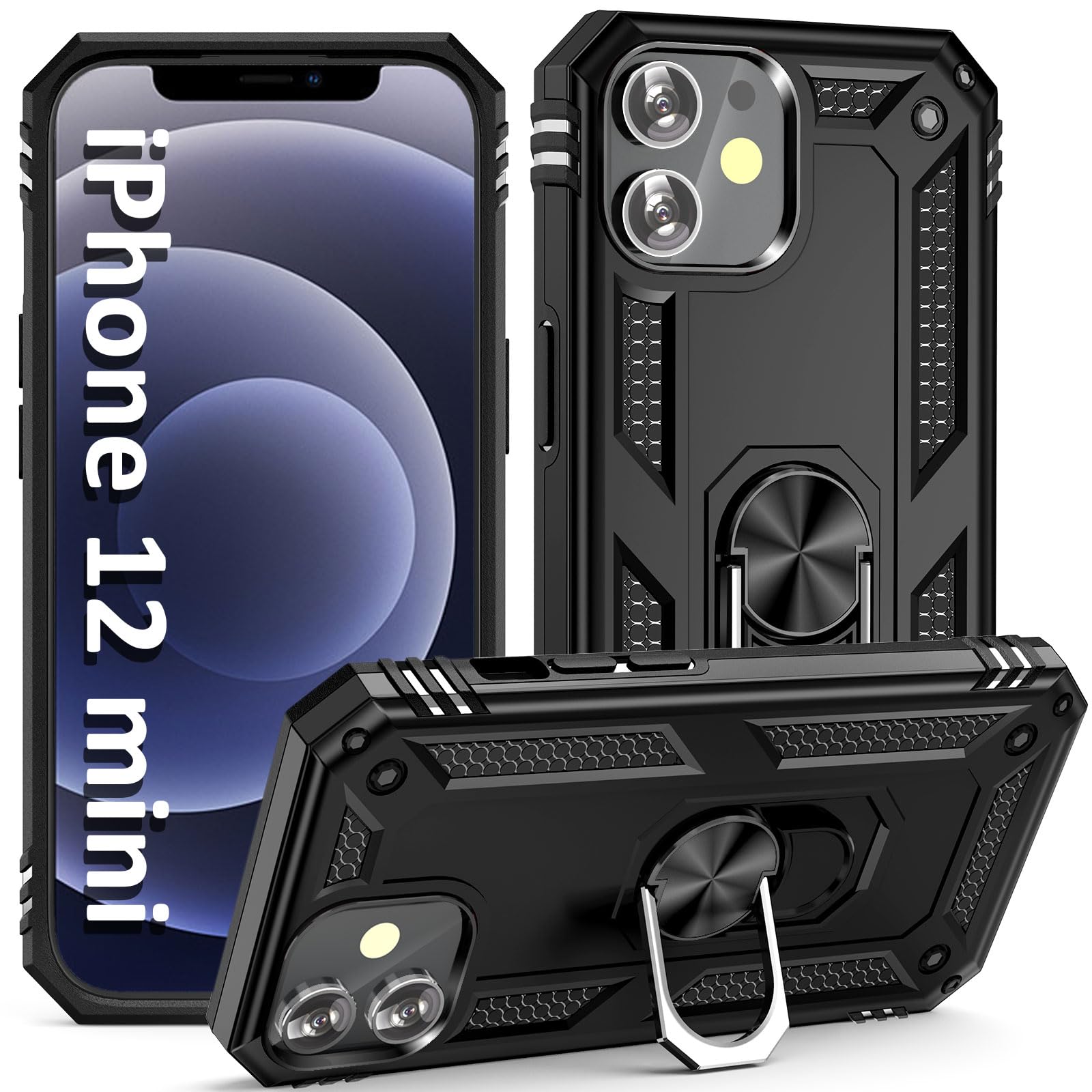 ADDIT Shockproof iPhone 12 Mini Case with Ring Holder Stand & Magnetic Car Mount - Military Grade Heavy Duty Protective Cover for iPhone 12 Mini (Black) - Perfect for Outdoor Activities, Work & Daily Use