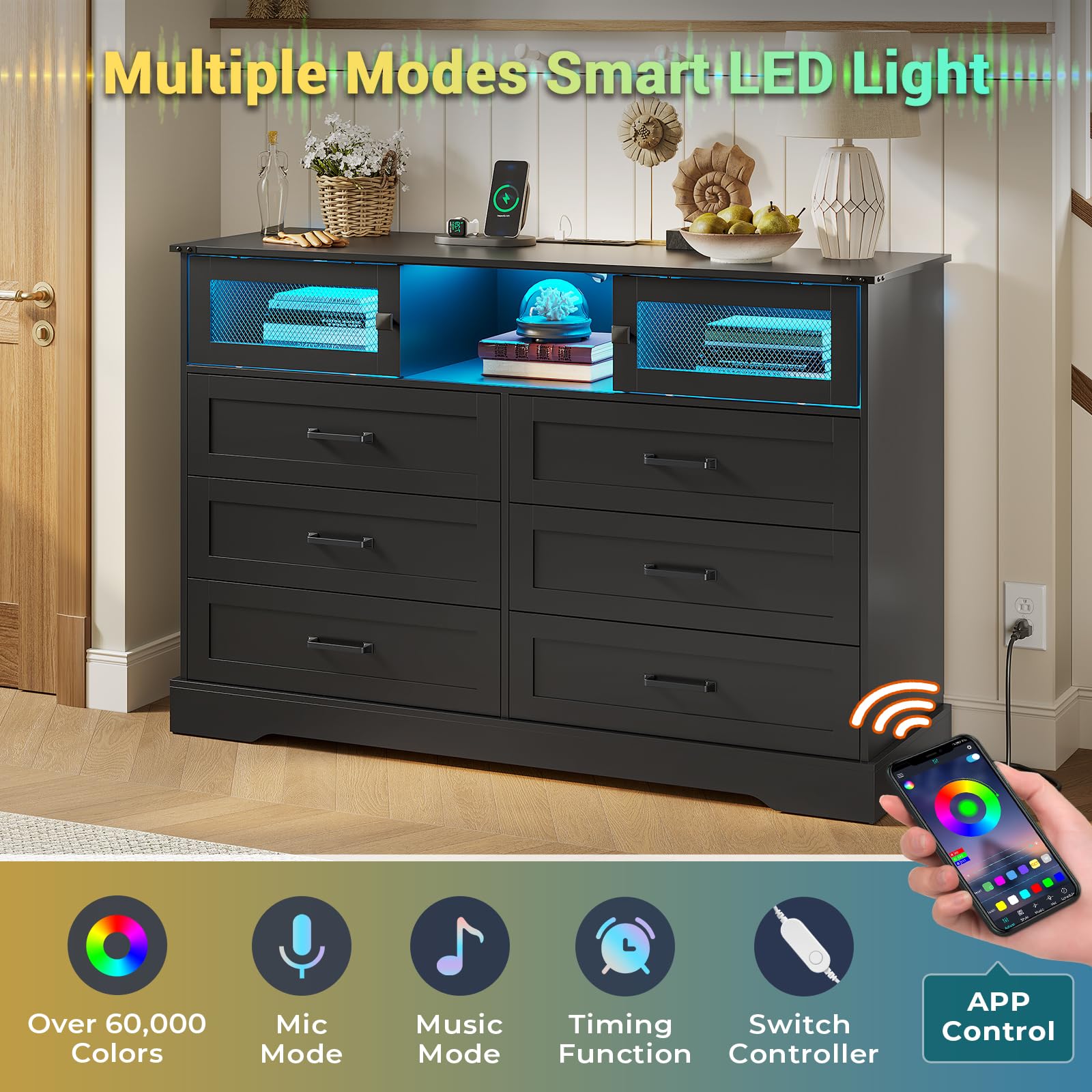Hasuit 6-Drawer LED Dresser with USB Charging Station - Farmhouse Style Closet Organizer & Clothes Storage Cabinet - Perfect for Bedroom, Living Room, Hallway (Black) | Ideal for Home Organization, Nightstand Alternative, and Modern Bedroom Decor
