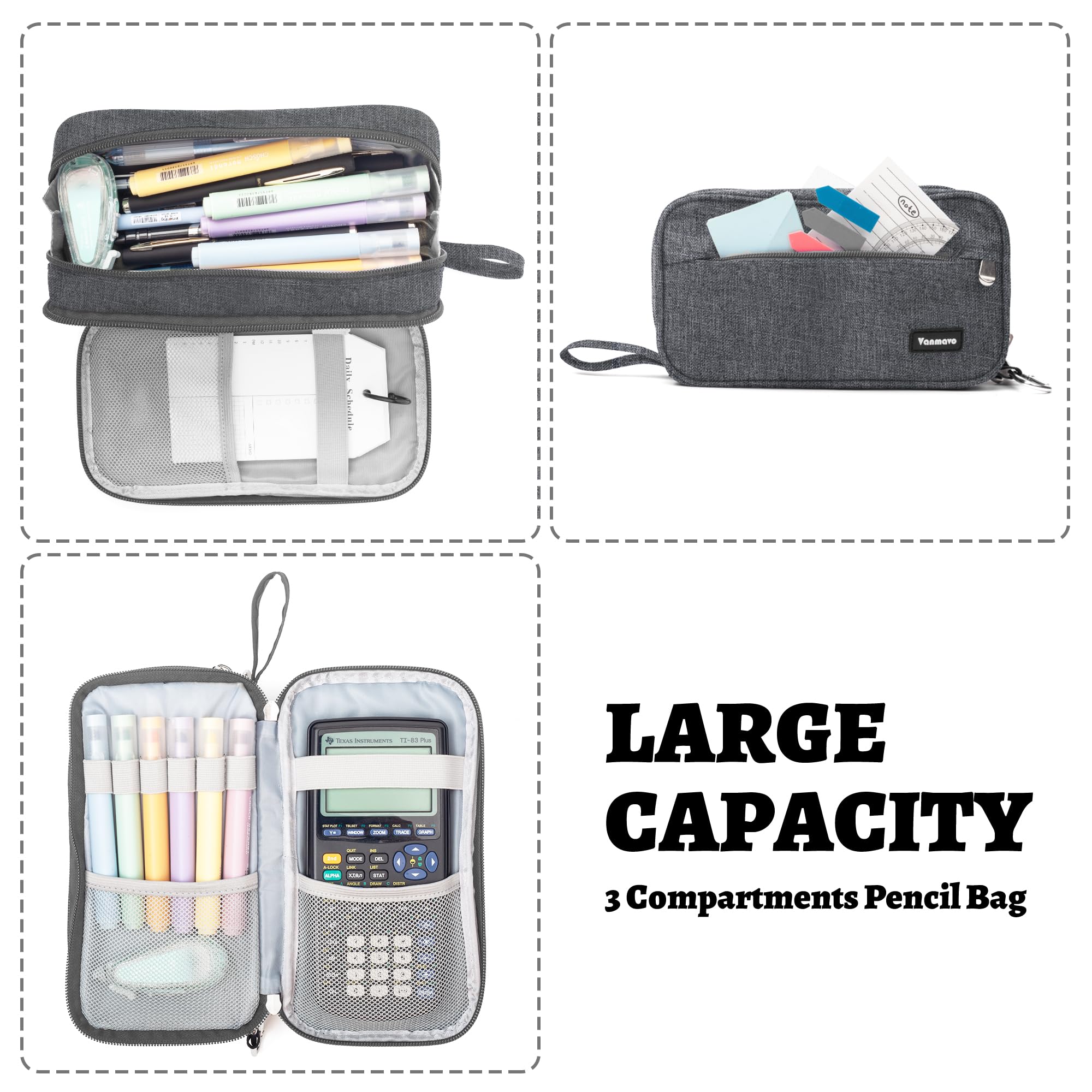 Large Capacity Pencil Case with 3 Compartments - Durable Zipper Pen Pouch for School, Office & Travel - Perfect Organizer for Markers, Pens & Stationery (Ideal for Students, Kids & Adults) - Great for Backpacks, Desks & On-the-Go Use