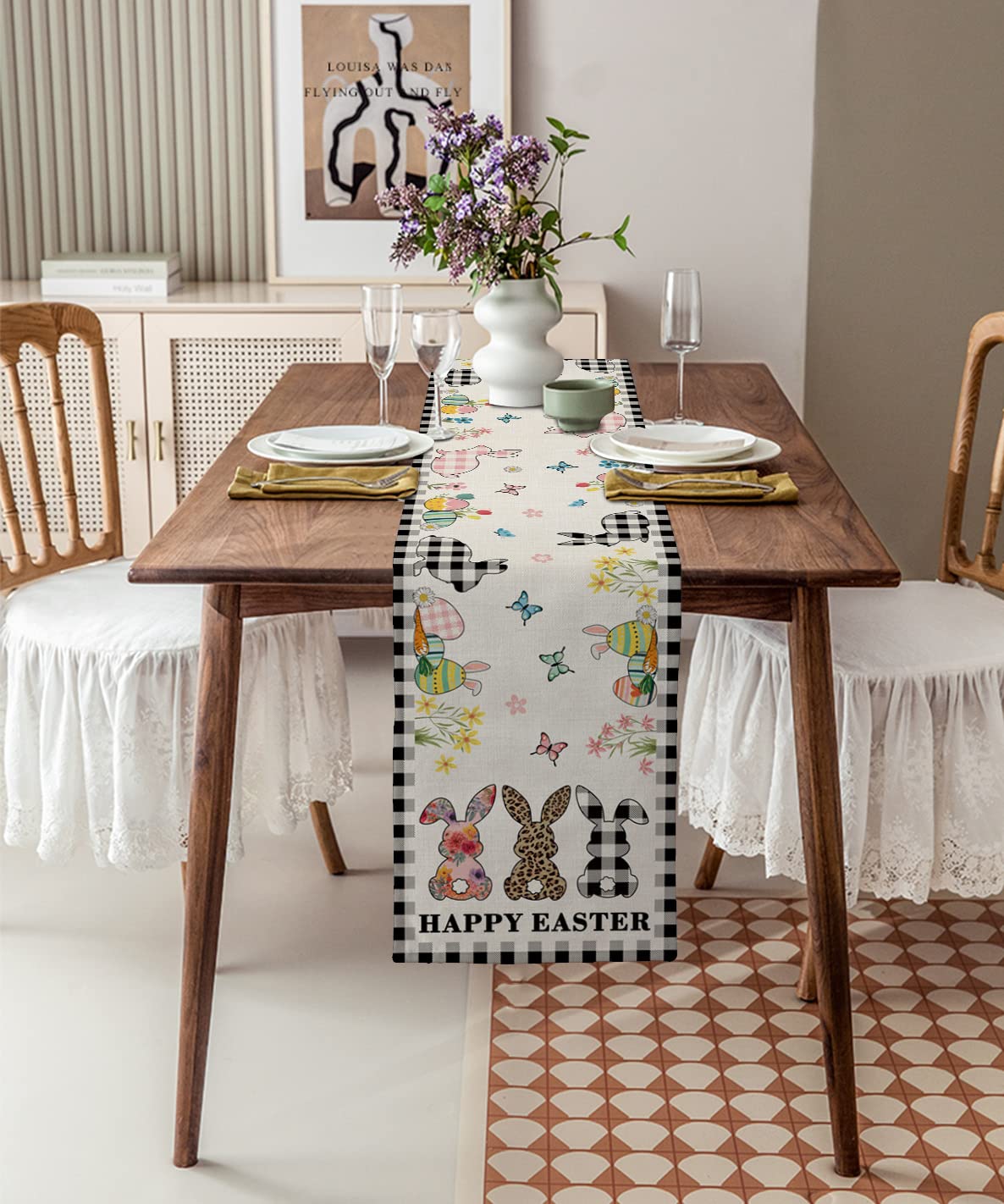 Easter Bunny Black and White Table Runner 13x70 Inches - Holiday Dining Room Decor for Kitchen, Living Room, Party & Spring Celebration Table Setting