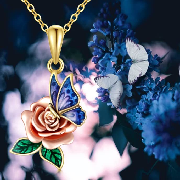 SISGEM 10K Real Gold Butterfly Rose Pendant Necklace for Women - Yellow & Rose Gold Floral Jewelry, Dainty Rose Butterfly Necklace Gift for Birthday, Christmas, Anniversary (16+1+1 Inch) - Perfect for Everyday Wear, Date Nights & Special Occasions