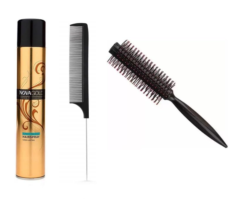 Lusty Soul Nova Gold Super Hold 400ml Hairspray for Men & Women - All Hair Types | Anti-Static Hair Comb & Round Brush Set (3-Piece) | Salon Styling, Volume Boost & Frizz Control for Everyday Looks