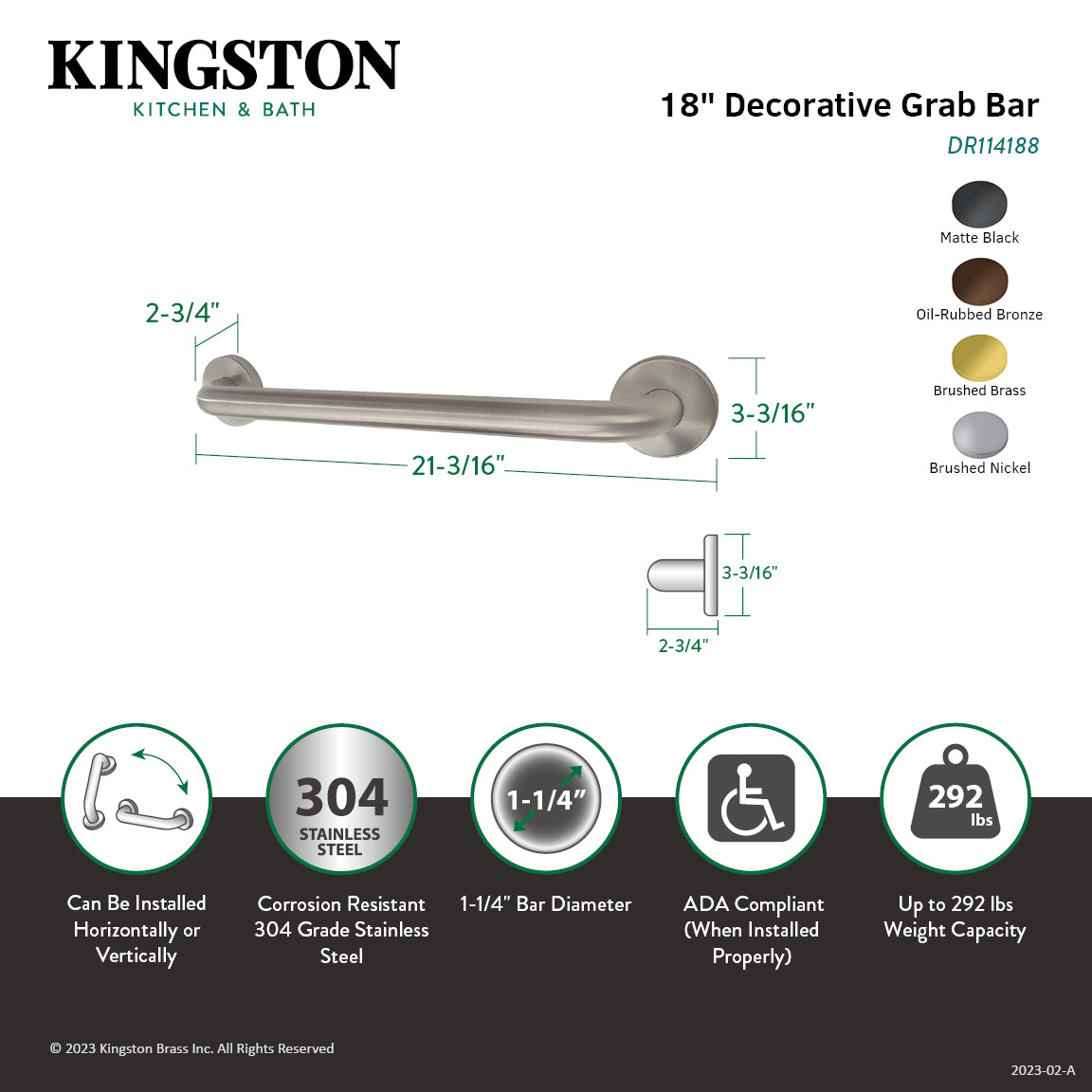 Americana Thrive In Place DR114185 18-Inch Stainless Steel Grab Bar, Oil Rubbed Bronze Finish - Bathroom Safety Handle for Seniors & ADA Compliance, Perfect for Showers & Toilets