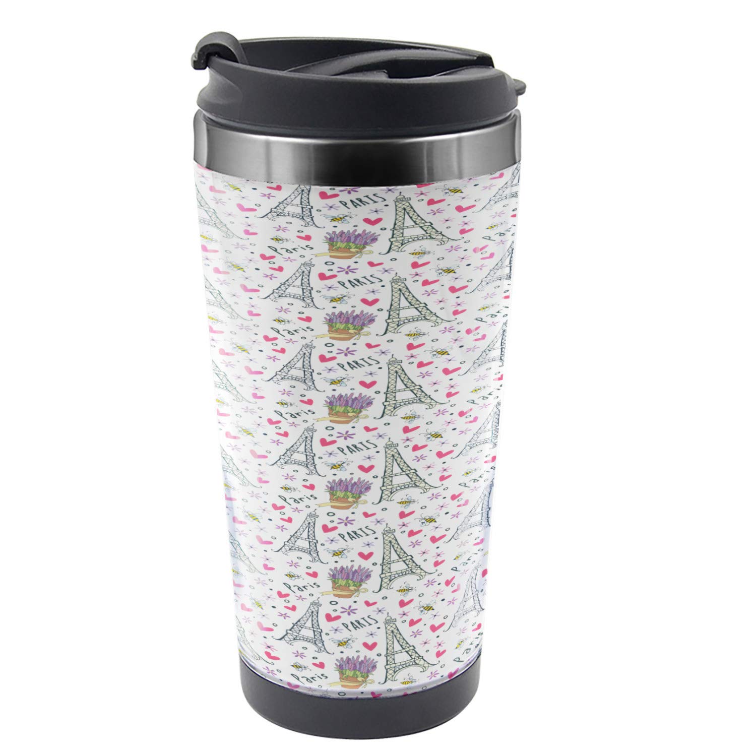 Ambesonne Eiffel Tower Travel Mug - 16 oz Stainless Steel Thermal Cup with Romantic Paris Doodle Design, Pink Multicolor - Perfect for Coffee, Tea & Hot Drinks On The Go, Office, Travel & Gifts