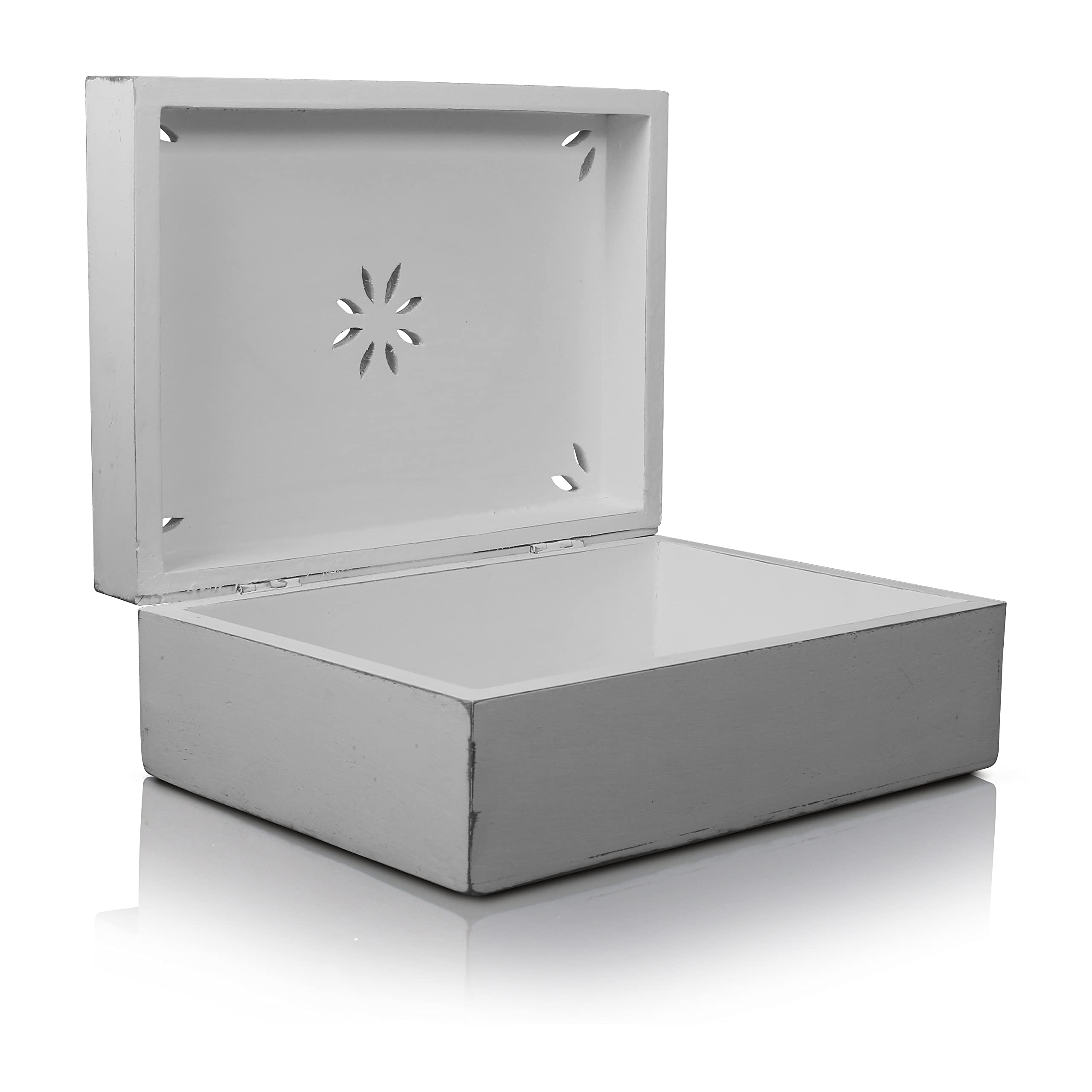 Handmade Decorative Wooden Jewelry Box with Hinged Lid - Large Shabby White Storage Box for Jewelry, Keepsakes & Trinkets (10.5