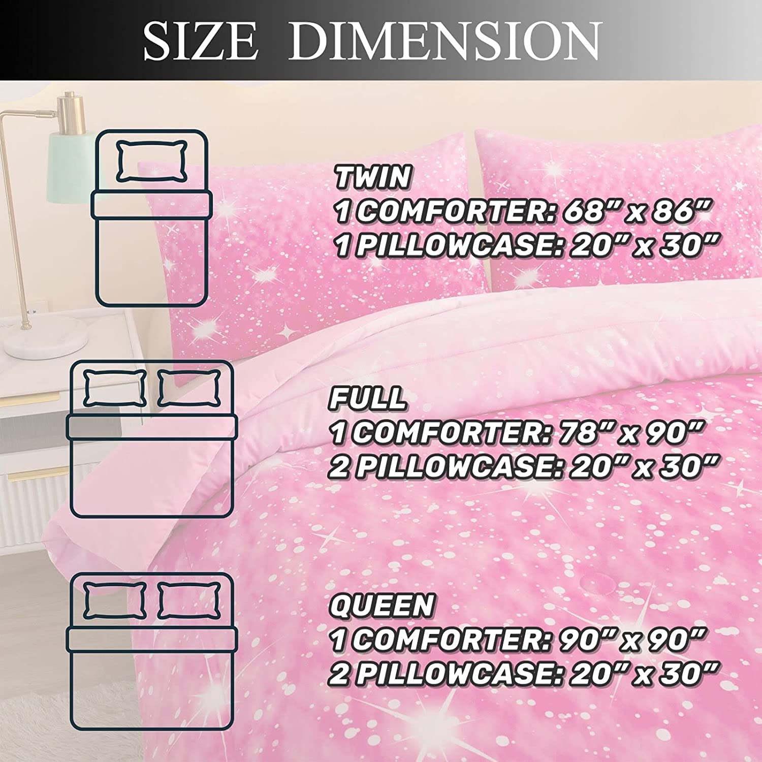 Sparkly Galaxy Full Size Comforter Set for Girls - Pink Glitter Bedding with 2 Pillowcases (3 Piece Set) | Soft & Cozy Teen Room Decor for Sleepovers & Birthday Gifts