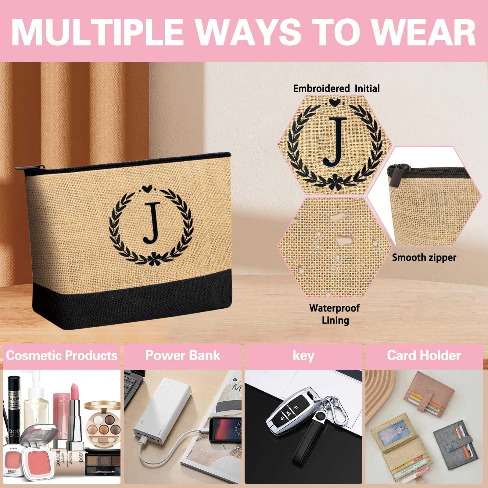Personalized Initial Jute Tote Bag & Makeup Pouch with Zipper - Custom Gifts for Women, Bride & Mom - Perfect for Beach, Travel & Everyday Use