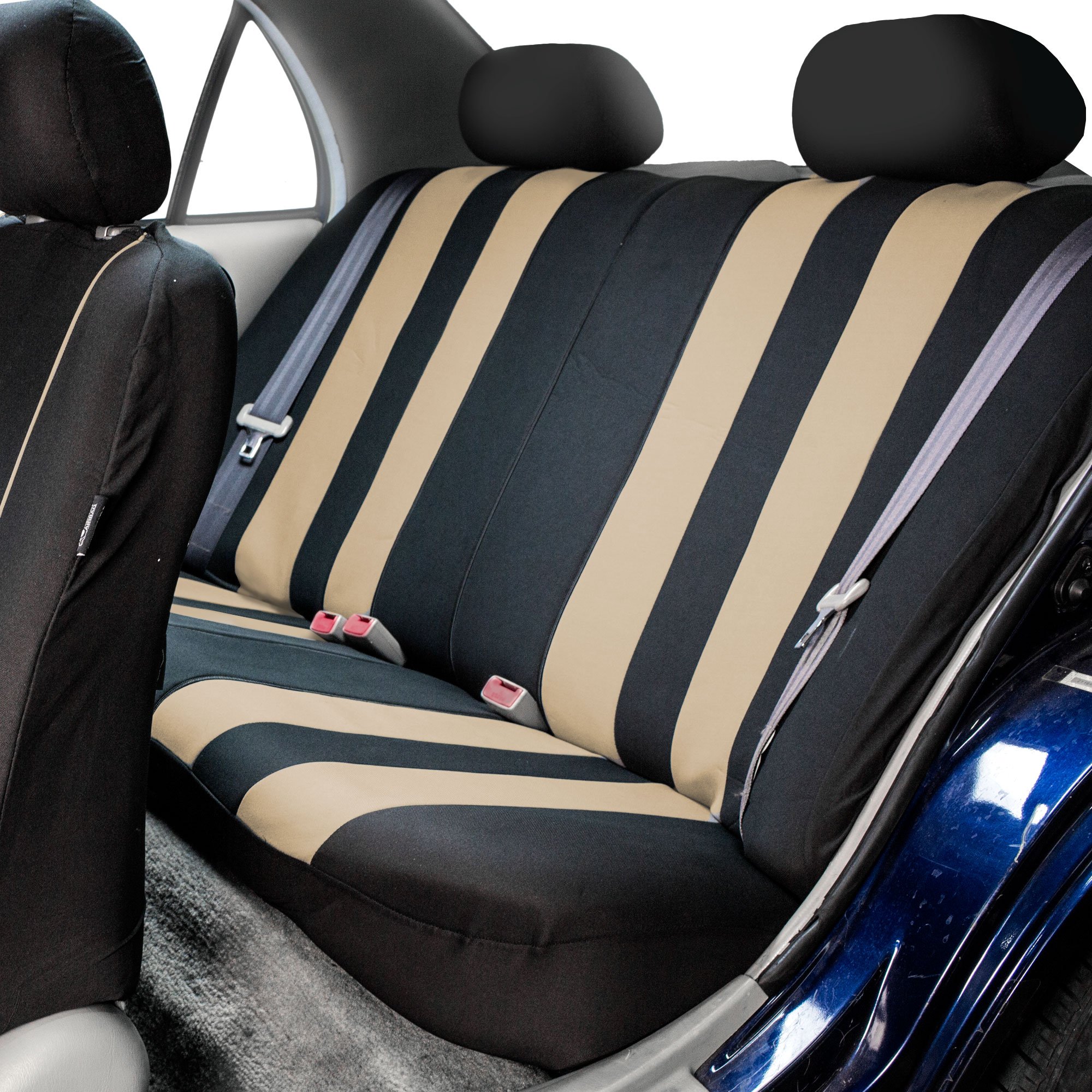 Premium FH Group Beige Striped Universal Car Seat Covers - Full Set with Airbag Compatibility & Split Rear Design | Perfect for Cars, Trucks & SUVs | Durable Interior Accessories for Daily Commute, Road Trips & Family Protection