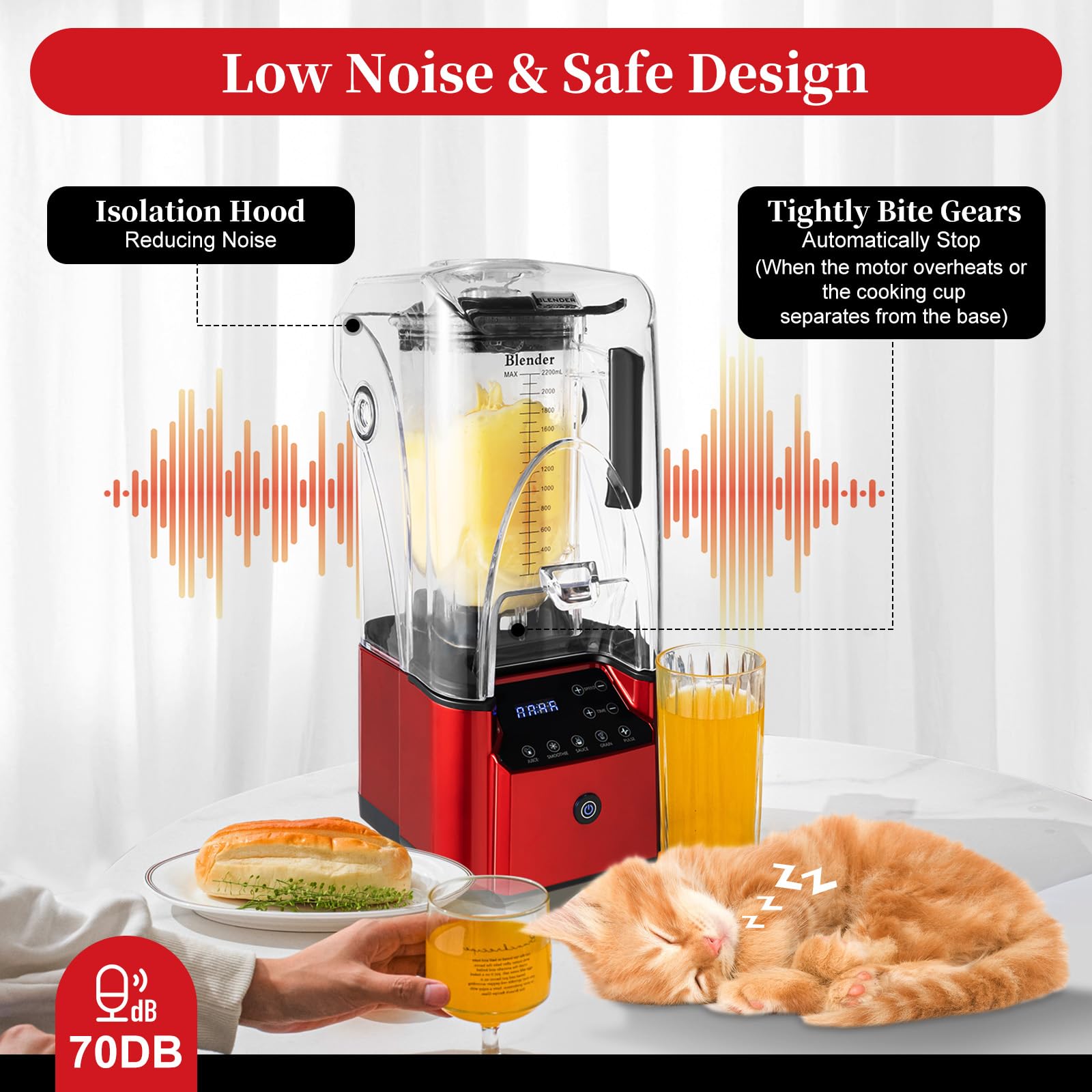 Eapmic 2200W Commercial Blender - High-Powered Smoothie & Juice Blender with Soundproof Technology, Red - Perfect for Restaurants, Cafes & Home Kitchens