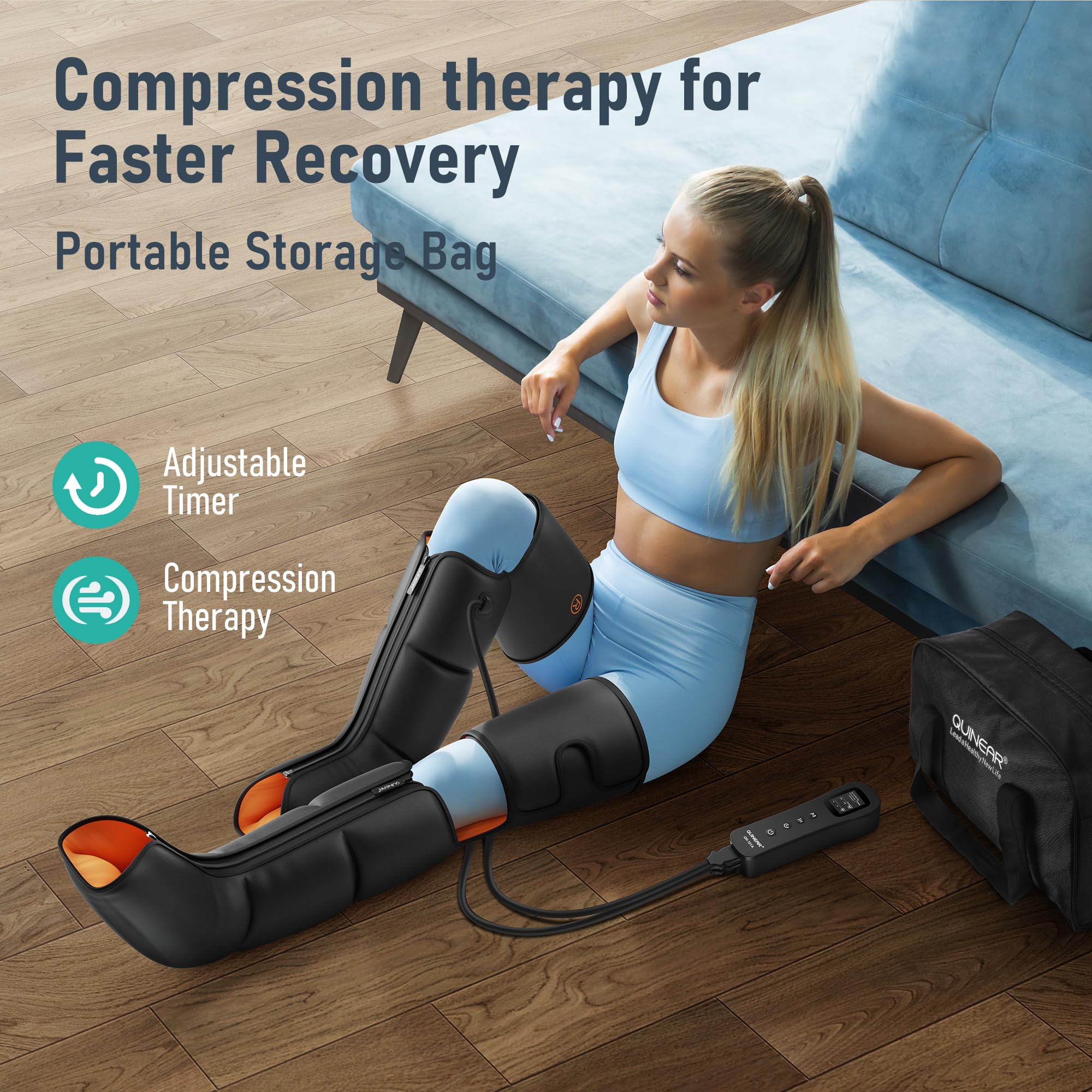 QUINEAR 3-in-1 Leg Massager for Foot, Calf & Thigh - Compression Therapy with Timer - Relieves Swollen Legs, Edema & RLS Pain - Perfect for Home Use, Office Relaxation & Post-Workout Recovery