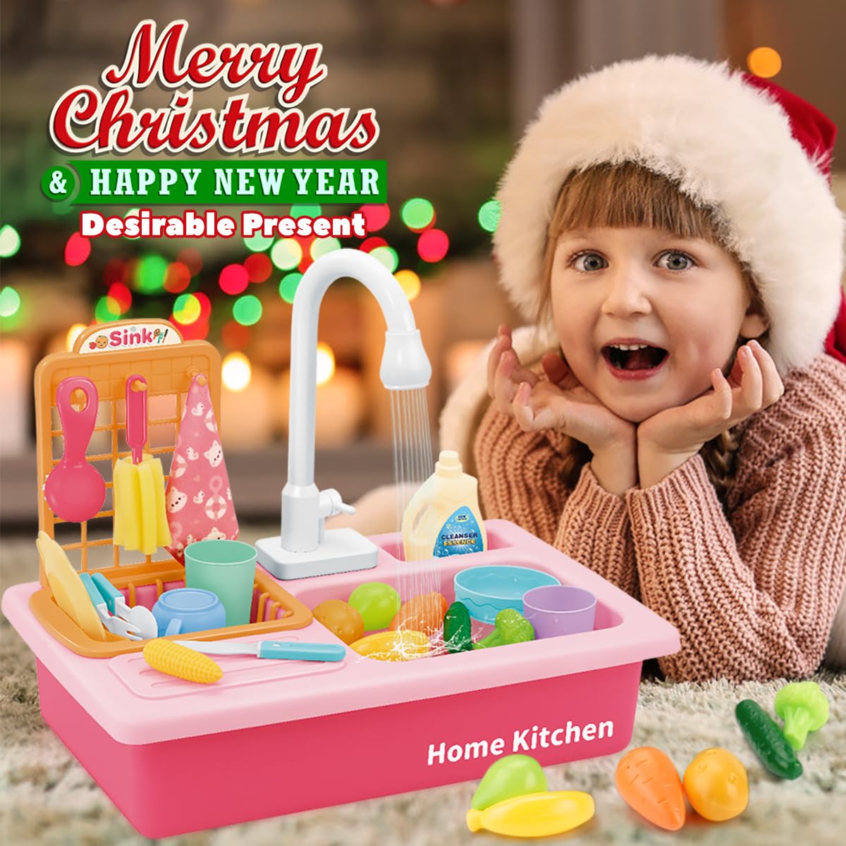 BOBXIN Kids Pretend Play Kitchen Sink with Running Water - Electric Dishwasher Toy Set with Upgraded Working Faucet & Dishes - Role Play Kitchen Water Toys for Toddlers & Preschoolers (Perfect for Birthday Gifts & Indoor Pretend Play)