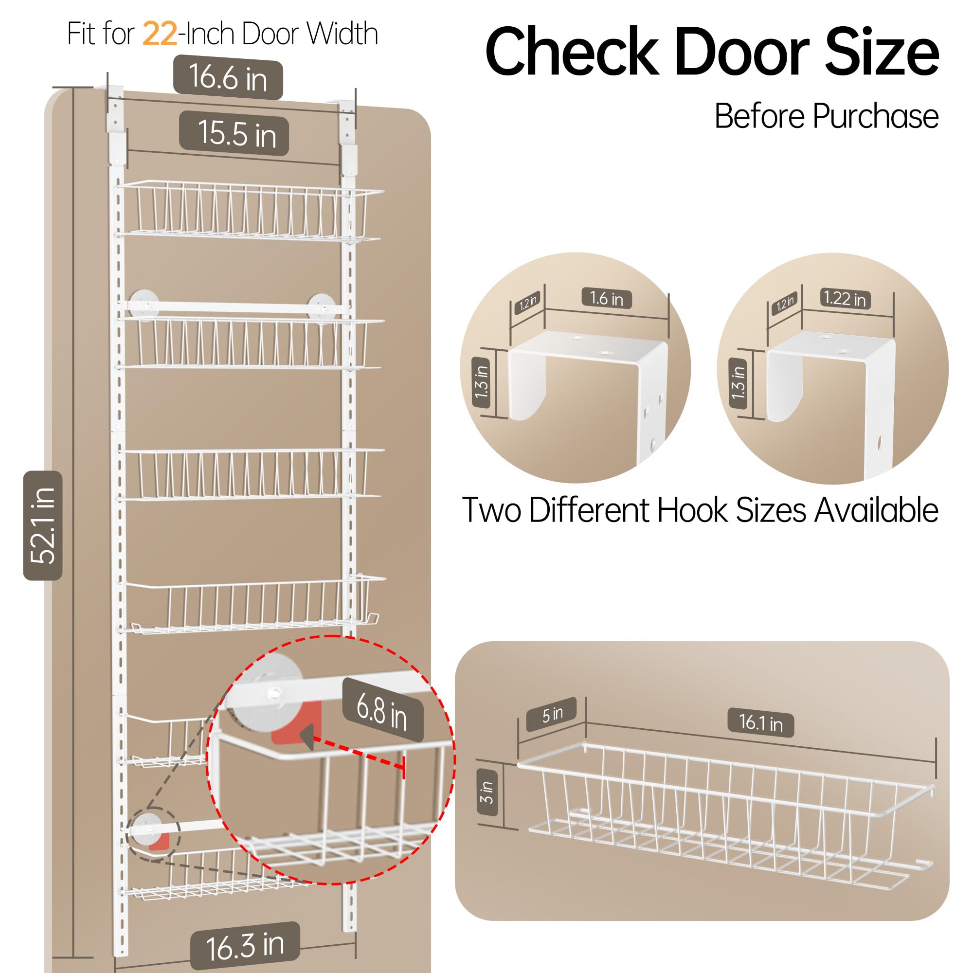 Delamu 6-Tier Adjustable Metal Over The Door Spice Rack Organizer - Hanging Cabinet Door Storage Shelf for Kitchen Pantry, Bathroom & Laundry Room - White (Perfect for Small Space Organization & Spice Storage)