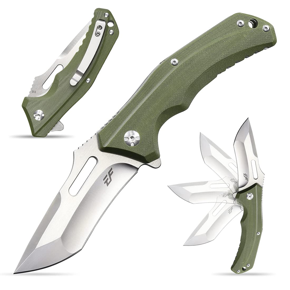 Eafengrow EF908 Tactical Pocket Knife - D2 Steel Blade with Titanium Coating, G10 Handle, Pocket Clip & Liner Lock - Perfect for Camping, Survival, Hiking & Outdoor Adventures (Green)