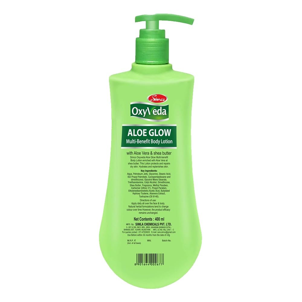 Simco Oxyveda Aloe Glow Multi-Benefit Body Lotion, 400ml - Hydrating & Nourishing Moisturizer with Aloe Vera & Shea Butter for Dry, Sensitive Skin - Daily Skin Care for Smooth, Healthy & Glowing Body - Perfect for After Shower, Night Routine & Travel Skincare