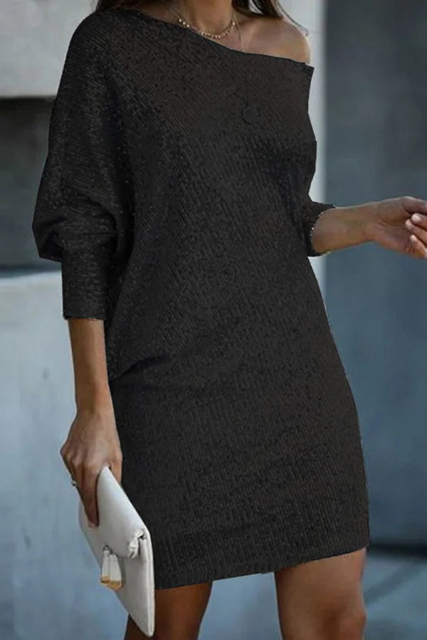 Elegant Solid Sequined Off-Shoulder Loose Mini Dress for Women - Perfect for Parties, Date Nights & Special Occasions