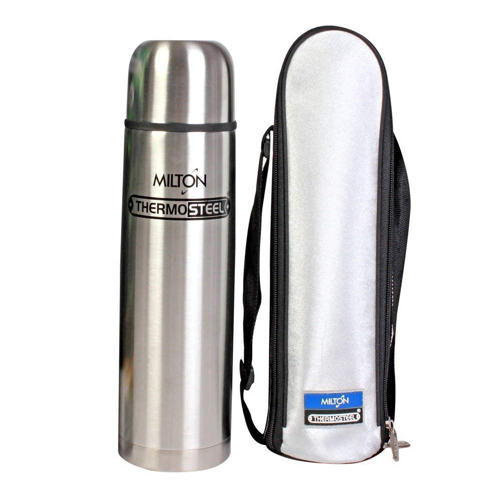 Milton Vacuum Flask ThermoSteel Stainless Steel Water Bottle - 350ml Hot & Cold Insulated Bottle, Set of 19 with Plain Lid + 2 Hazel Stainless Steel Glasses - Perfect for Office, Gym, Hiking & Outdoor Activities