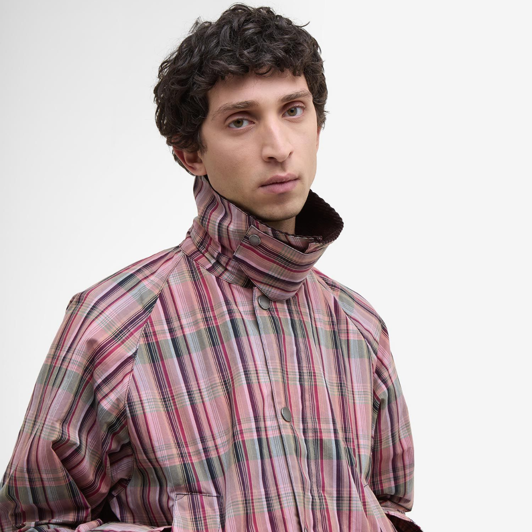 Barbour x NOAH Madras Bedale Casual Jacket - Lightweight Water-Resistant Waxed Cotton Coat for Men (Noah Madras Pink) | Perfect for Outdoor Adventures, Urban Streetwear & Fall Layering