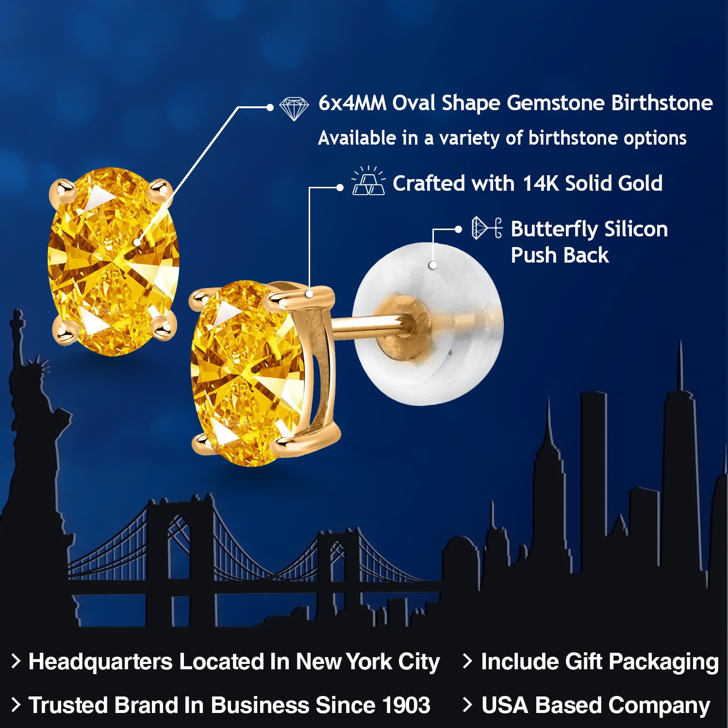 14K Gold Oval Gemstone Birthstone Stud Earrings for Women & Men | 6x4mm Oval Cut | Fine Jewelry Gifts for Her, Mom, Wife | Anniversary, Birthday, Valentine's Day Gift Idea