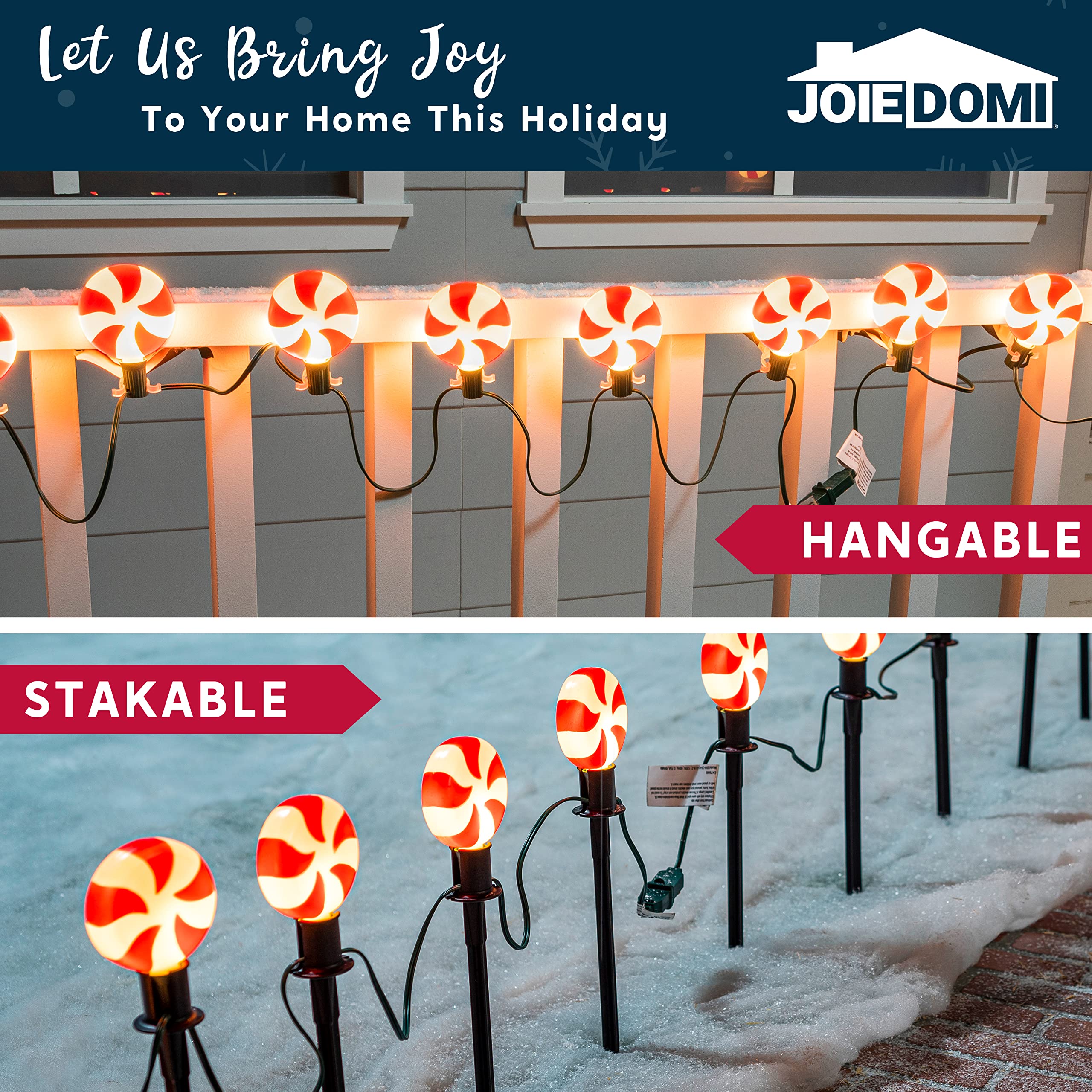 Joiedomi 14-Piece Christmas Lollipop Pathway Lights Outdoor - 14.3 FT Plug-in Peppermint Walkway String Lights with Stakes & Clips for Holiday Yard Decorations | Waterproof, Hangable & Pluggable | Perfect for Driveways, Gardens & Christmas Displays