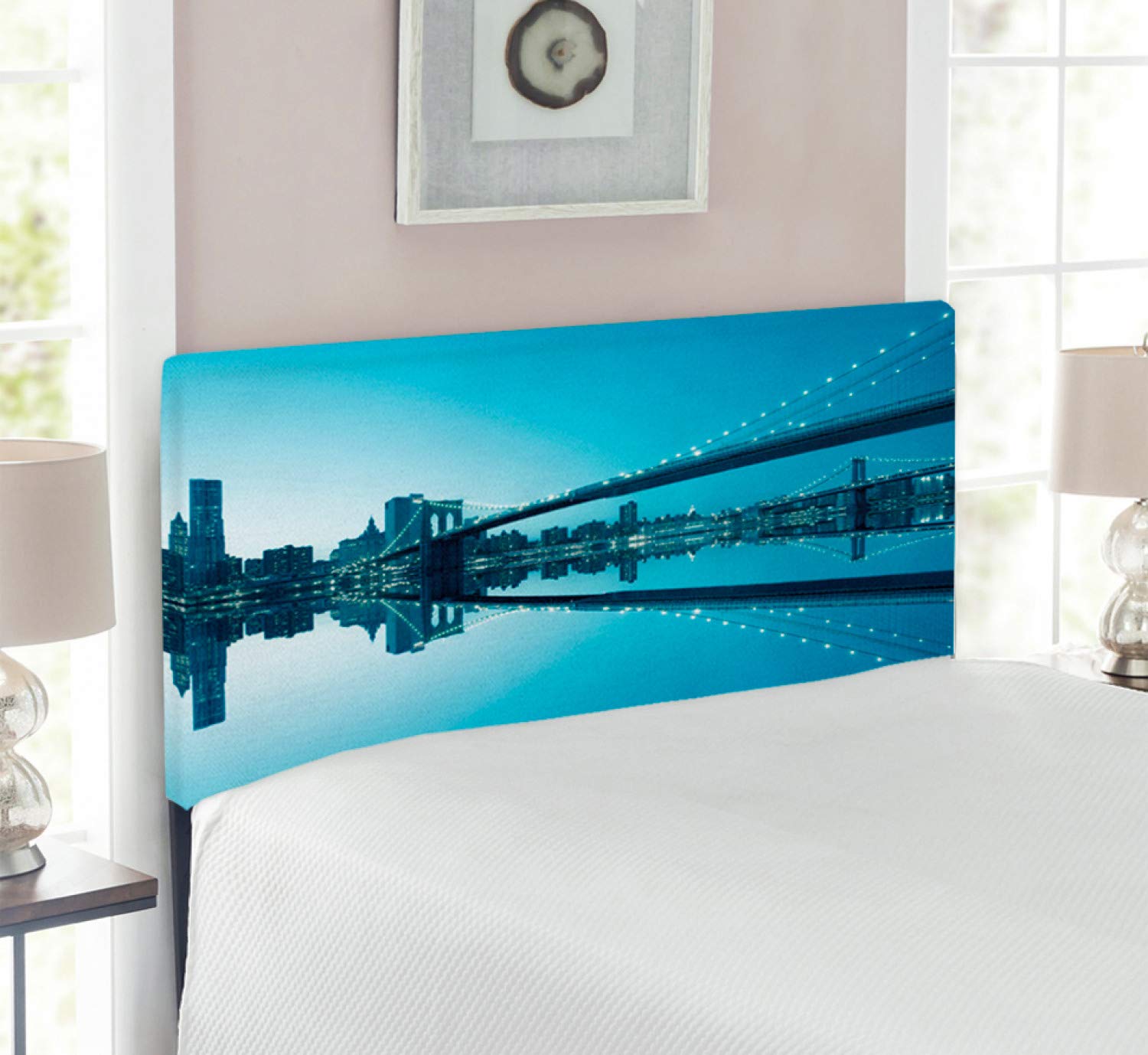 Ambesonne NYC Skyline Headboard - Twin Size Upholstered Metal Bed Headboard with Memory Foam | Manhattan Landscape Panorama in Blue & White | Modern Home Decor for Bedroom, Guest Room & Dorm