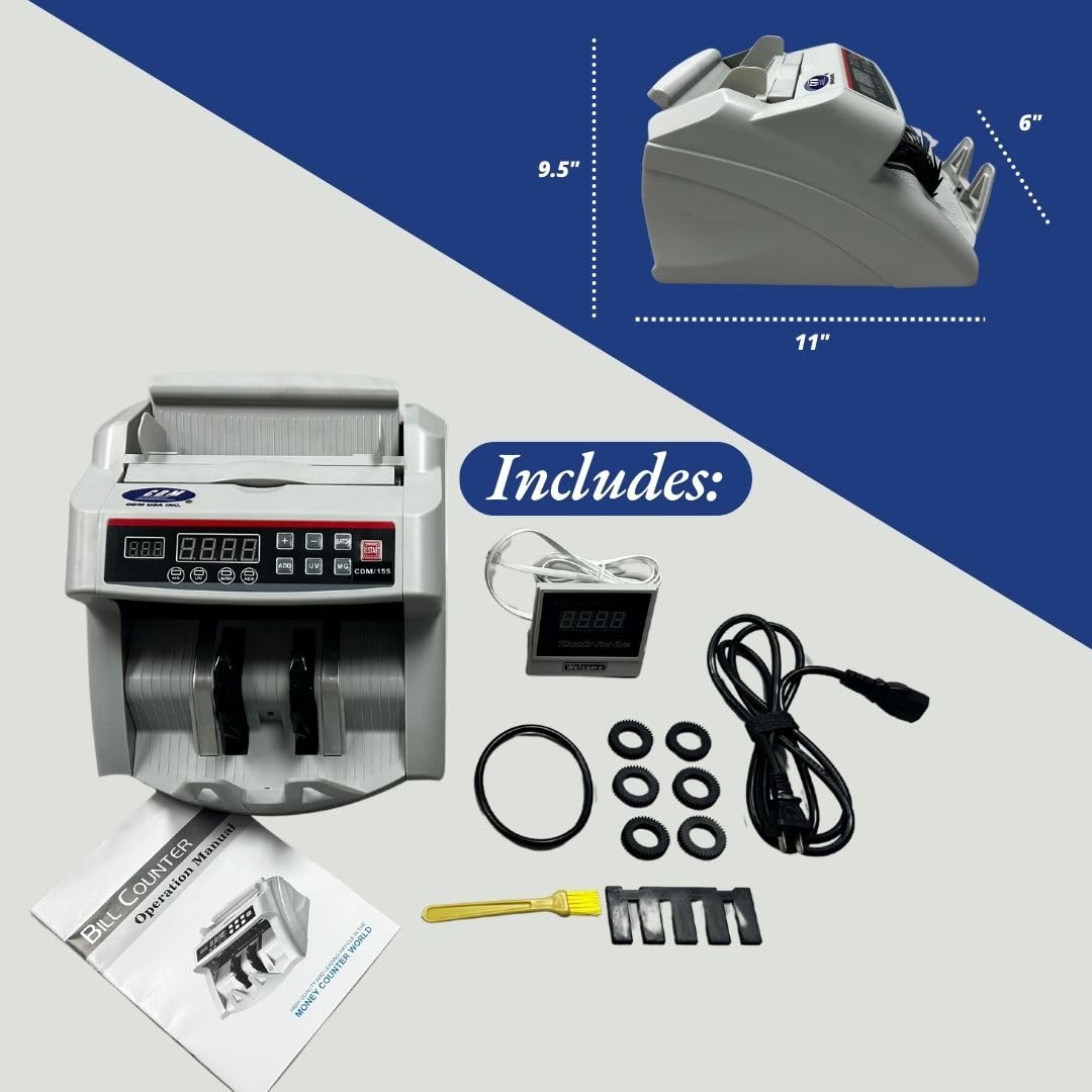 CDM-155 Advanced Bill Counter Machine with UV/MG/DD/DBL/HLF/CHN Counterfeit Detection - Add & Batch Modes - High Speed Money Counting for Banks, Retail Stores & Cash Offices | Fast & Accurate Currency Counter for USD Bills