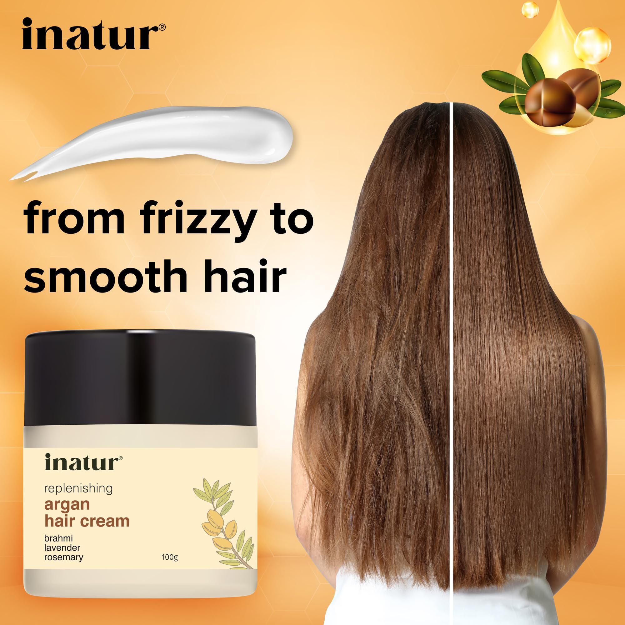 inatur Argan Oil Hair Cream for Frizzy Hair - Daily Styling & Frizz Control | Natural Vegan Hair Cream for Women & Men | Smooths & Nourishes Dry Damaged Hair | Perfect for Daily Use at Home, Work or Travel | 100g