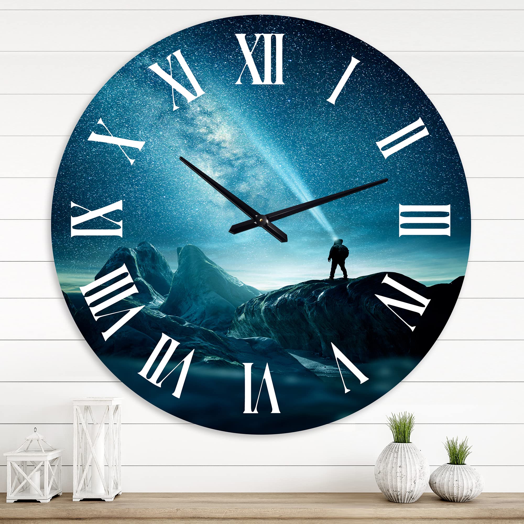 DesignQ Modern Wall Clock - 'A Man Shining Light Into Night Sky' Large Landscape Nature Wall Art for Bedroom, Living Room & Office Decor | Perfect for Home, Office & Gift Giving