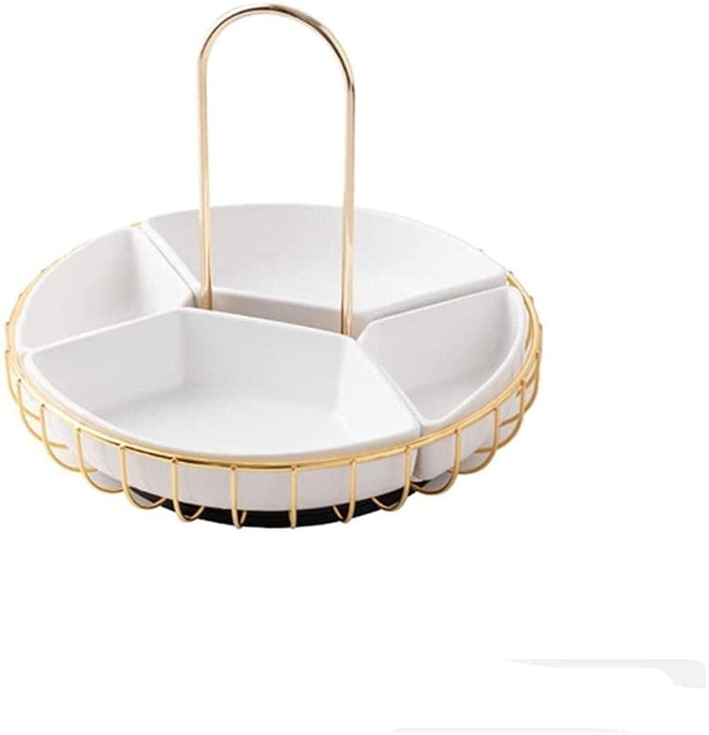 Rotatable Ceramic Fruit Bowl with Grid - Portable Dried Fruit Plate & Snack Tray - White - Perfect for Kitchen Countertops, Dining Tables, and Party Serving