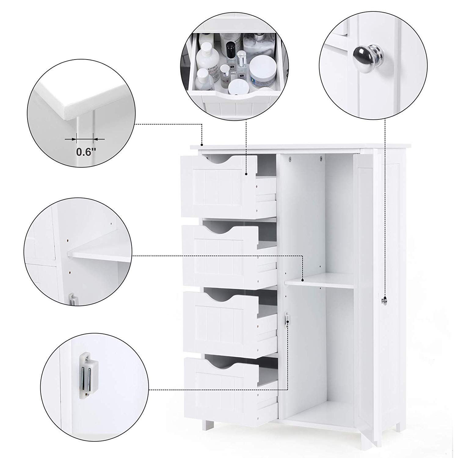 White 4-Drawer Bathroom Storage Cabinet with Cupboard - Freestanding Organizer for Bathroom, Office, Entryway & Living Room - Perfect for Towels, Toiletries, Office Supplies & Home Decor