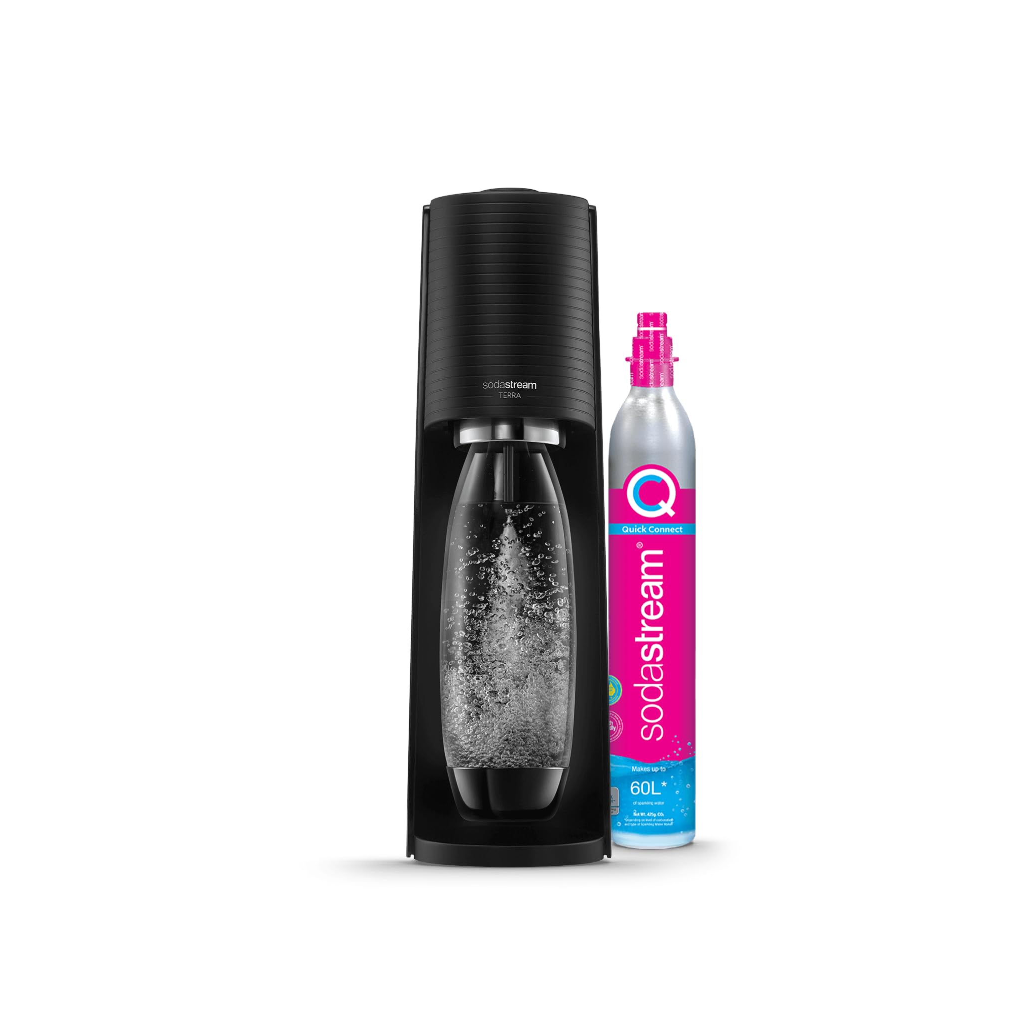 SodaStream Terra Sparkling Water Maker Machine - Black | BPA-Free 1L Reusable Bottle & 60L Quick Connect CO2 Cylinder | Home Carbonation System for Fresh Sparkling Water, Cocktails & Healthy Drinks