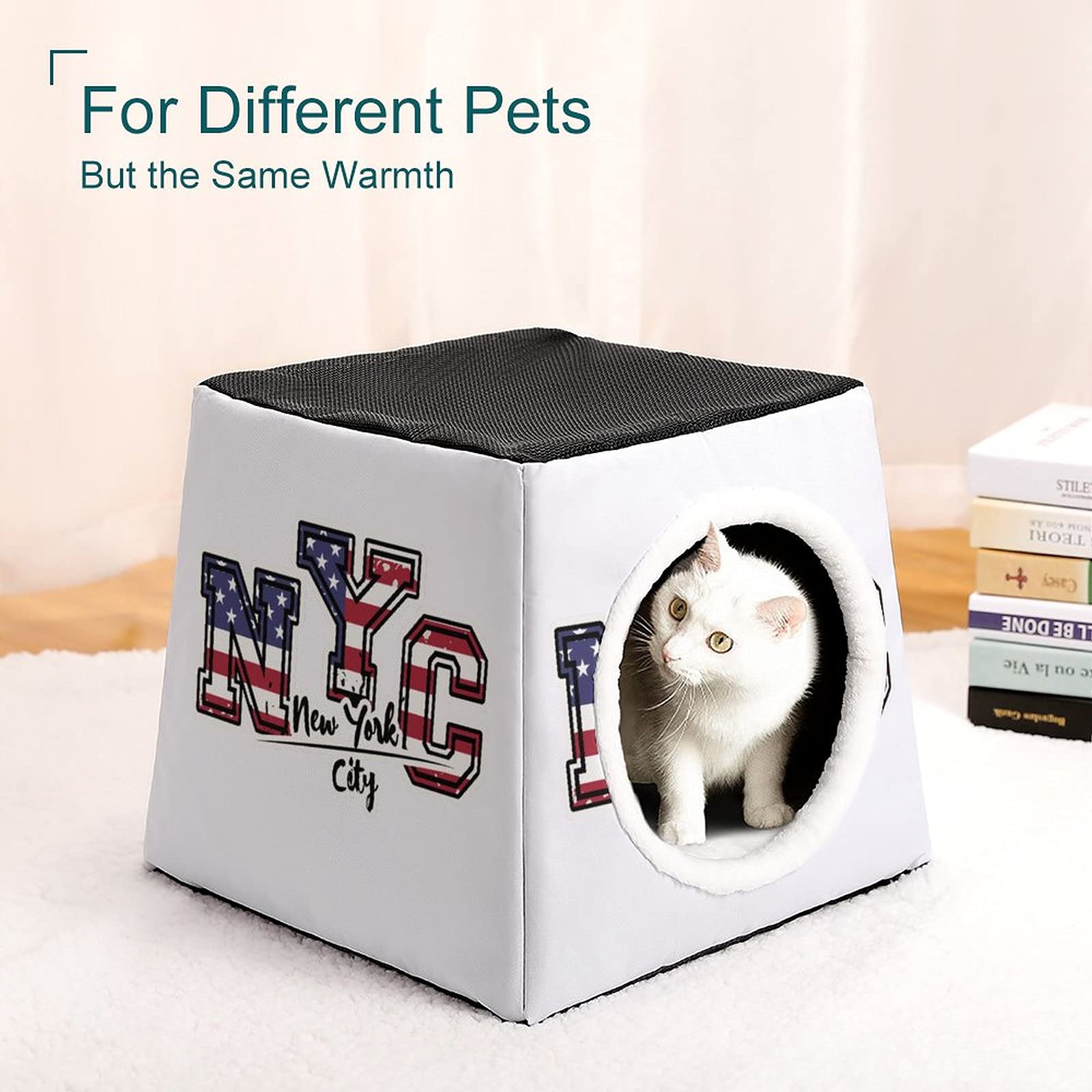 Cozy Printed Cat Cube Bed with Soft Pillow - Indoor Cat House & Small Dog Sofa | Perfect for Kitty Lounging & New York Style Pet Comfort