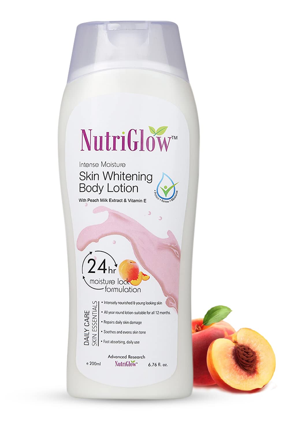 NutriGlow Intense Moisture Skin Whitening Body Lotion with Peach Milk Extracts & Vitamin E - 24H Hydration for Dry Skin, 200ml | Brightening & Nourishing Lotion for Daily Skincare Routine & Nighttime Moisturizing