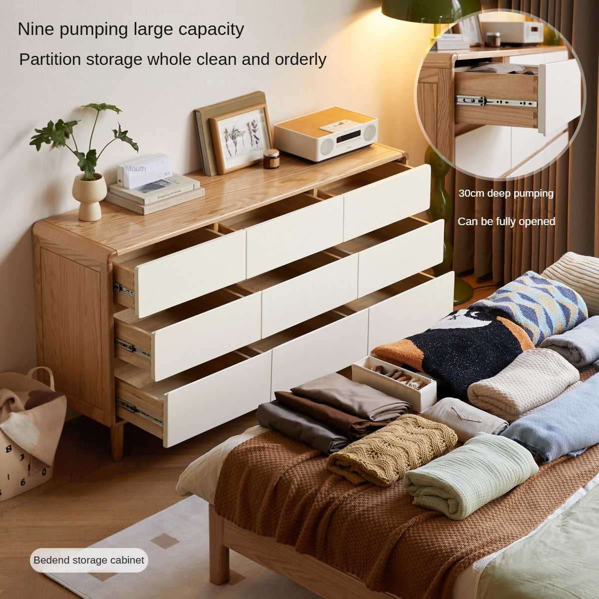 Oak Solid Wood Modern Nine Drawer Cabinet - Stylish Storage Solution for Bedroom, Living Room & Office Organization