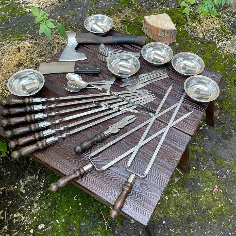 Premium Auroch Camping BBQ Skewers Set with Wooden Storage Case - 44-Piece Stainless Steel Grilling Accessories Kit for Outdoor Picnics, Backyard Parties & Campfire Cooking