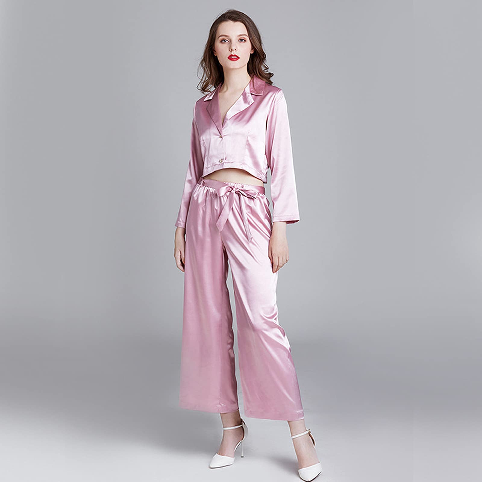 FMOGG Women's Winter Pajama Set - Long Sleeve Silk Satin Sleepwear & Loungewear 2-Piece PJS Suit for Cozy Nights, Romantic Evenings and Luxury Home Comfort