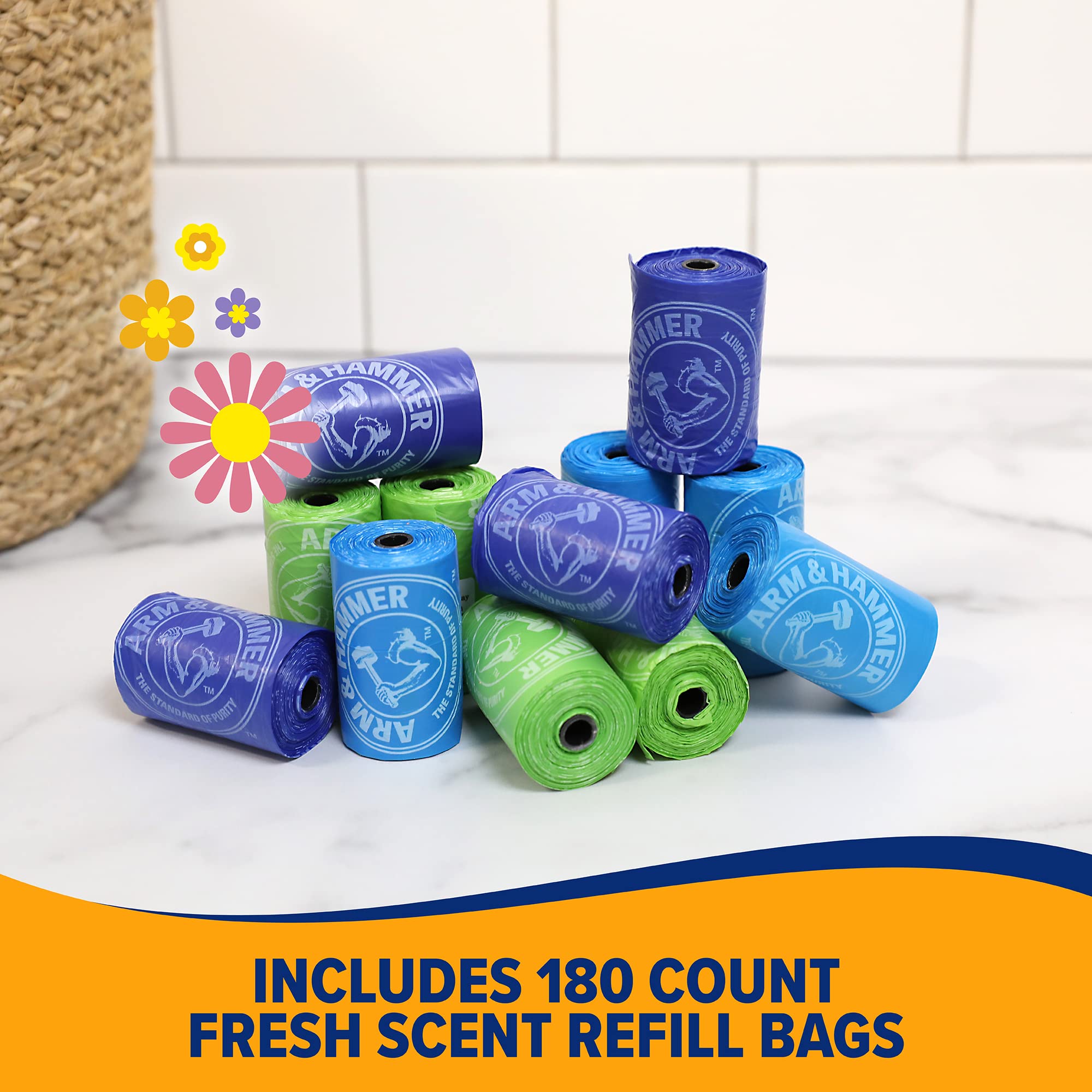 Arm & Hammer Easy-Tear Disposable Dog Poop Bags with Activated Baking Soda - 180 Count, 9 x 14 Inches | Leak-Proof & Odor-Control Waste Bags for Dogs & Cats | Perfect for Walks, Park Visits & Backyard Cleanup