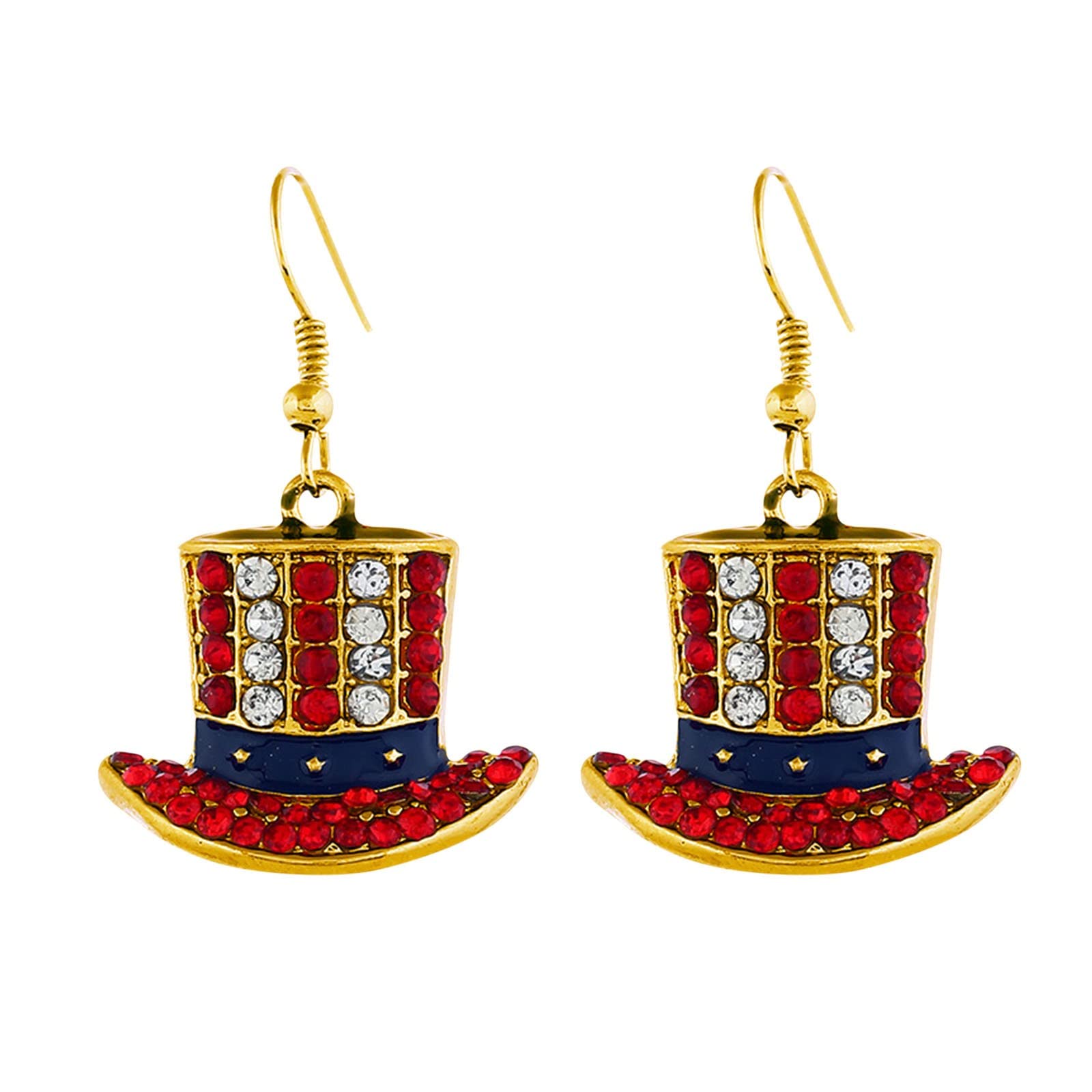 4th of July Patriotic Flag Rhinestone Earrings for Women - Sparkling Red White & Blue Jewelry, Independence Day Party Accessories, Festive Summer Holiday Gift (Gold, One Size)