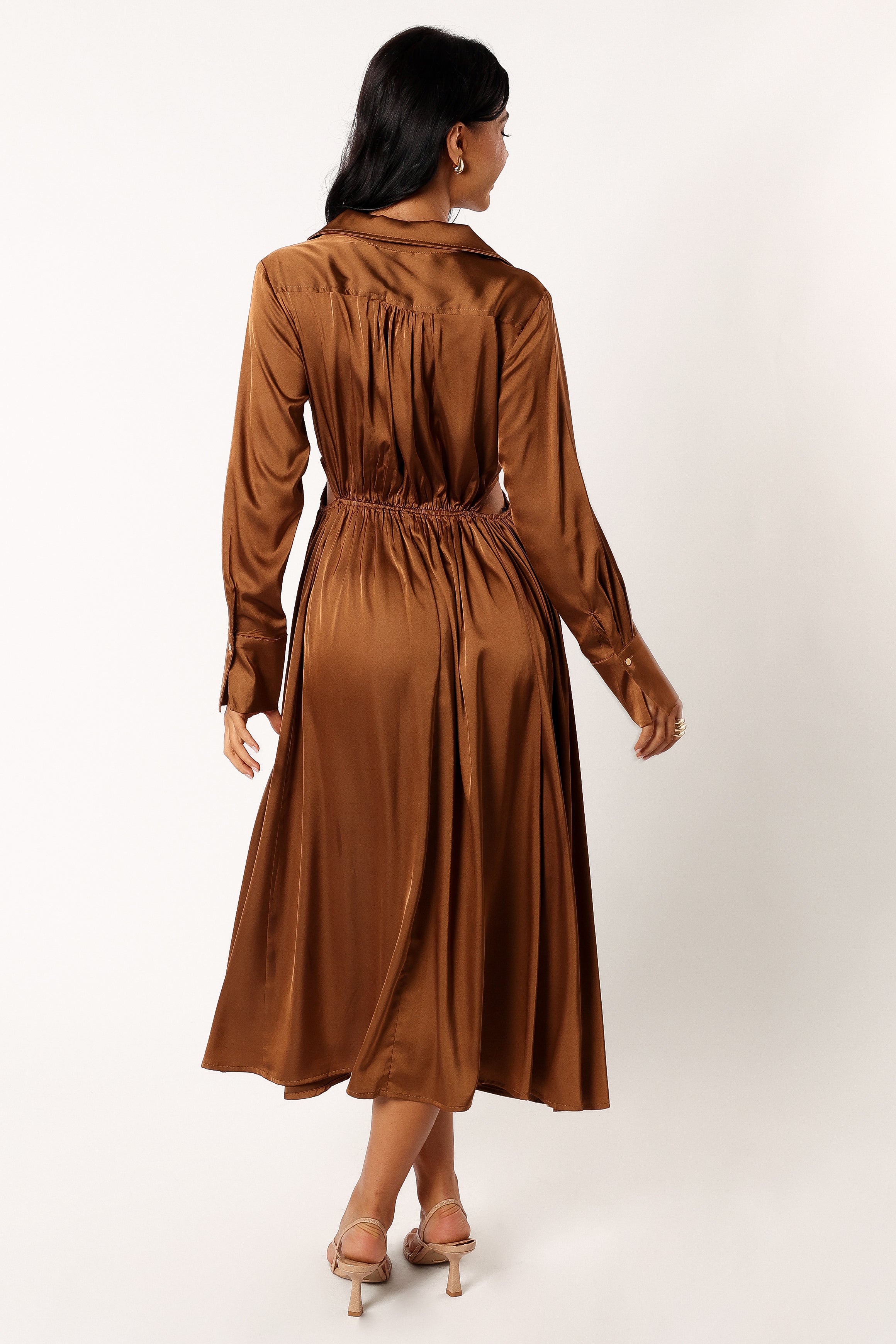 Elegant Jett Long Sleeve Midi Dress in Bronze - Perfect for Fall & Winter Fashion, Office Wear, and Special Occasions