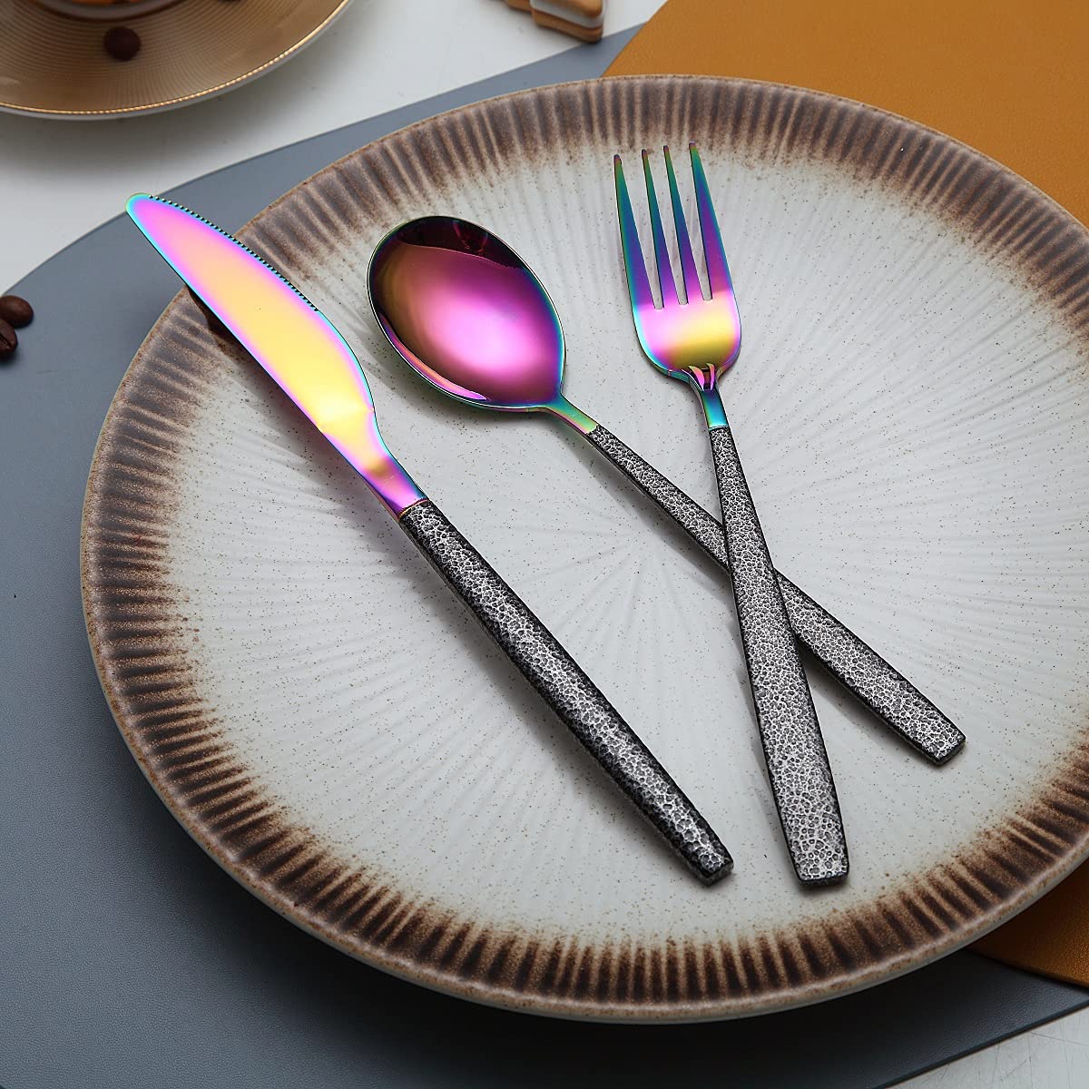 20-Piece Rainbow Silverware Set - Stainless Steel Titanium Colorful Plating with Black Mars Handle - Knives, Spoons, Forks Flatware Cutlery Set for 4 - Perfect for Dinner Parties, Weddings & Elegant Dining